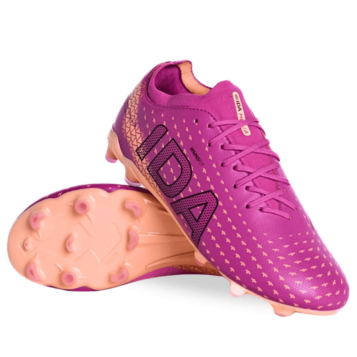 The IDA Sports IDA Helia Club FG in dark pink are women’s soccer cleats featuring molded studs, a textured upper, and bold black branding—designed as stylish football boots for firm ground play.