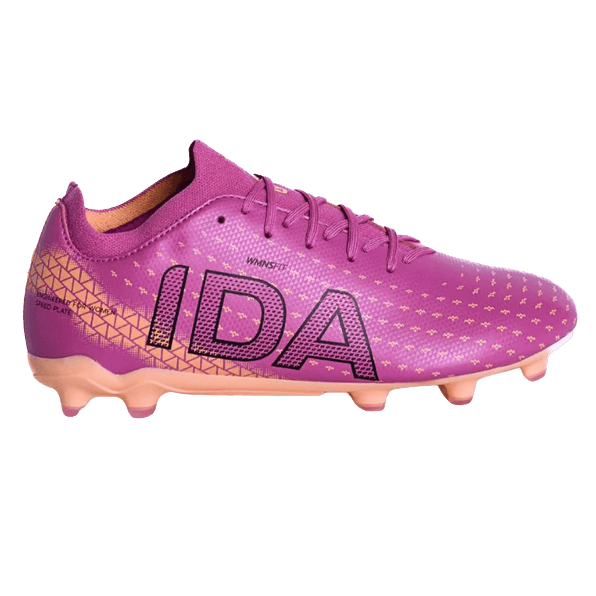 The IDA Helia Club FG - Dark Pink by IDA Sports is a women's soccer cleat in pink with black geometric patterns, large "IDA" branding on the side, and peach-colored studs—ideal for female football enthusiasts.