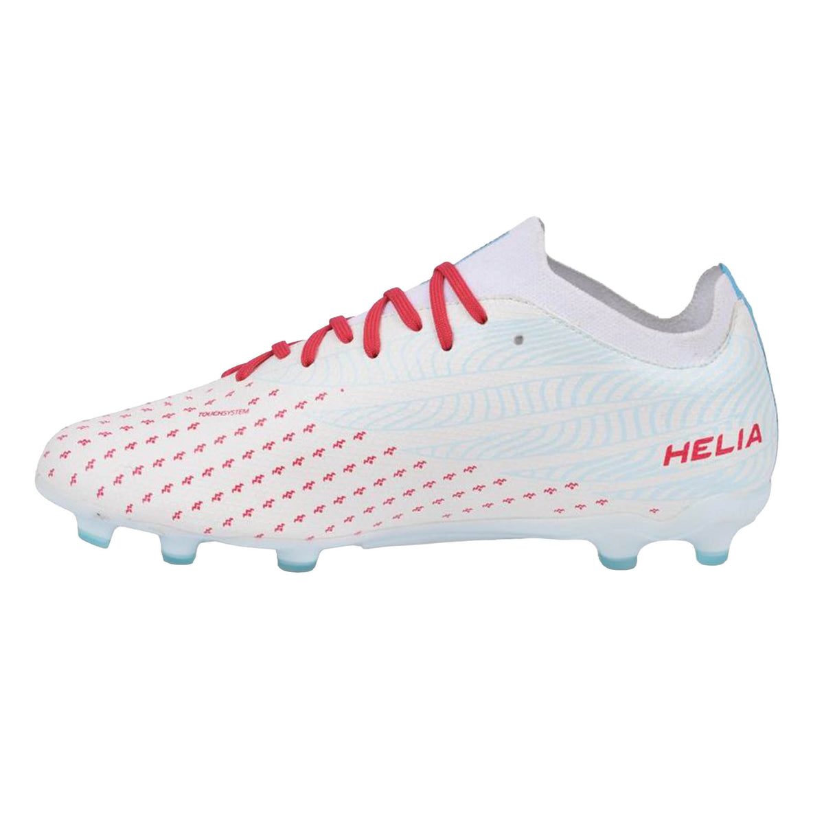 The IDA Helia Club FG/AG - White/Blue by IDA Sports is a white women’s soccer cleat featuring red laces, subtle red patterns, light blue sole studs for FG/AG performance, and “HELIA” printed in red on the side—an ideal choice for beginner players who want both style and functionality in their soccer boots.