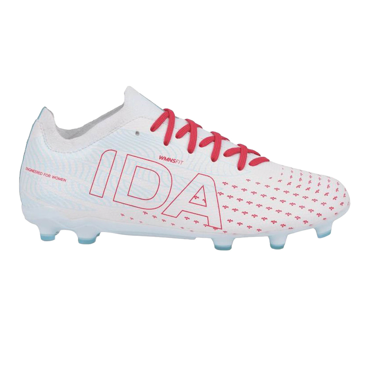 Introducing the IDA Sports IDA Helia Club FG/AG - White/Blue, a women’s soccer cleat designed for beginners. This white boot features bold red laces, vibrant red pattern accents, and “IDA” printed on the side. Built for FG/AG surfaces, it offers excellent traction with its light blue-studded sole.
