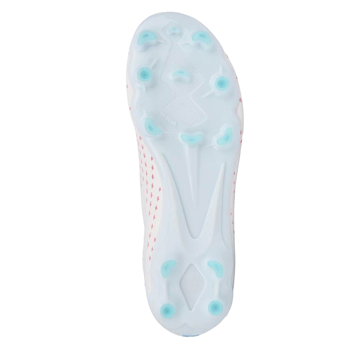 The underside of the IDA Sports IDA Helia Club FG/AG in White/Blue showcases light blue studs and subtle red accents on the sides, making it a great choice for beginners or anyone seeking versatile women’s soccer boots designed for both firm ground (FG) and artificial grass (AG) play.
