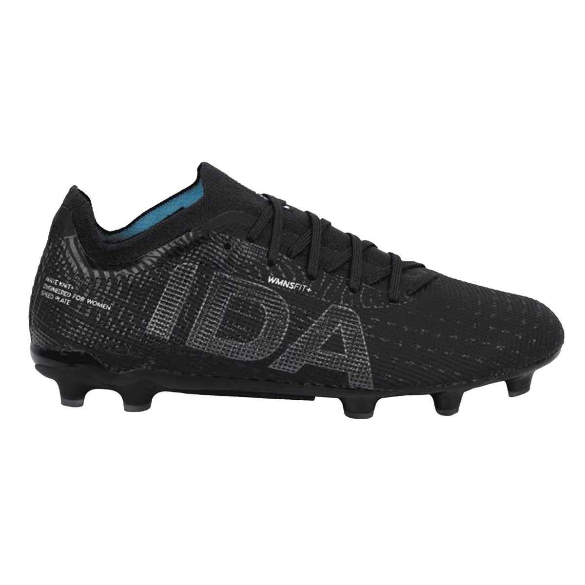 The IDA Sports IDA Helia Elite FG/AG women’s soccer cleat in Black/Dark Grey features laces, the word “IDA,” and textured side patterns, offering a women-specific design engineered for elite performance—all presented on a white background.