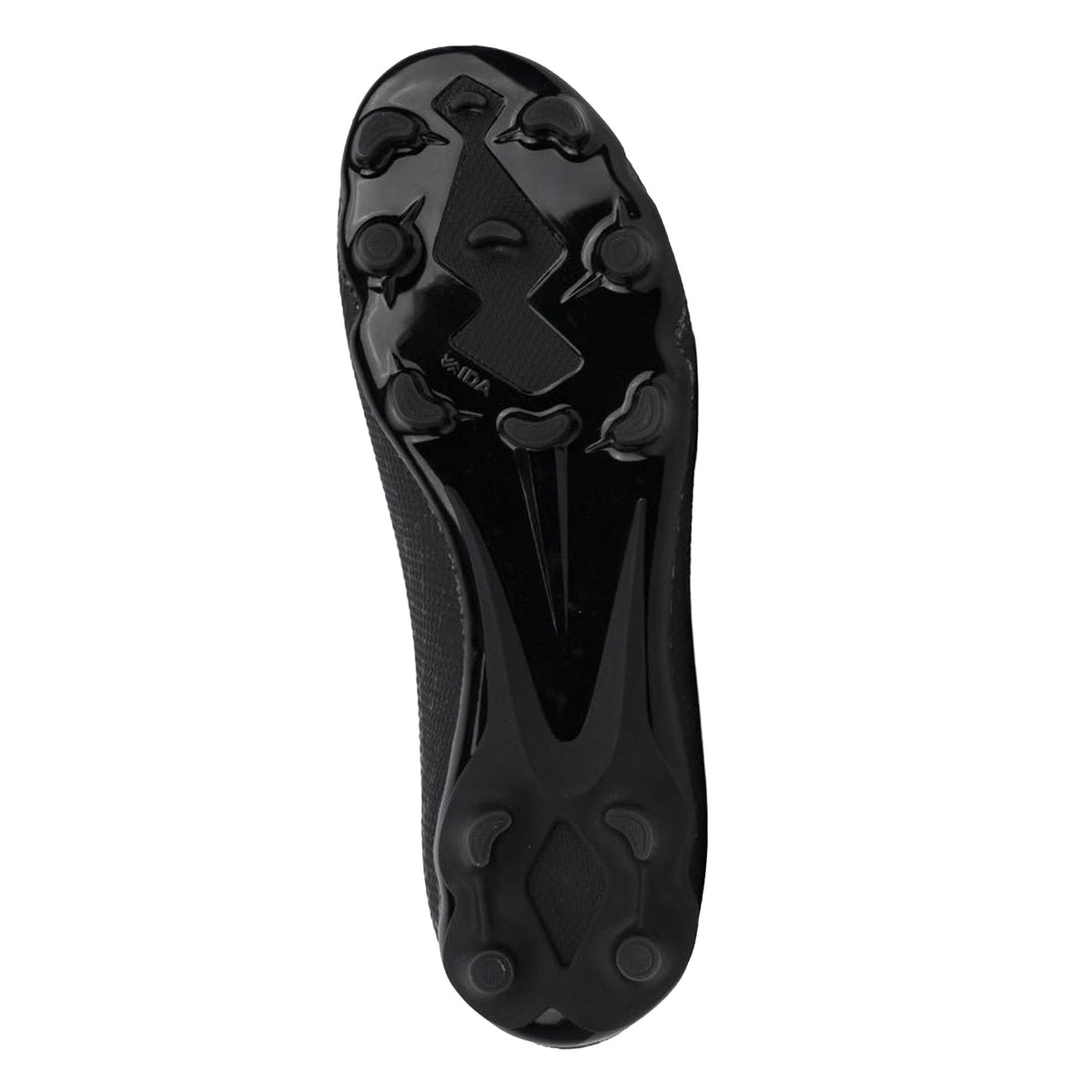 IDA Sports’ IDA Helia Elite FG/AG women’s soccer cleat in Black/Dark Grey, featuring a molded stud outsole designed for traction, shown from the bottom against a white background.