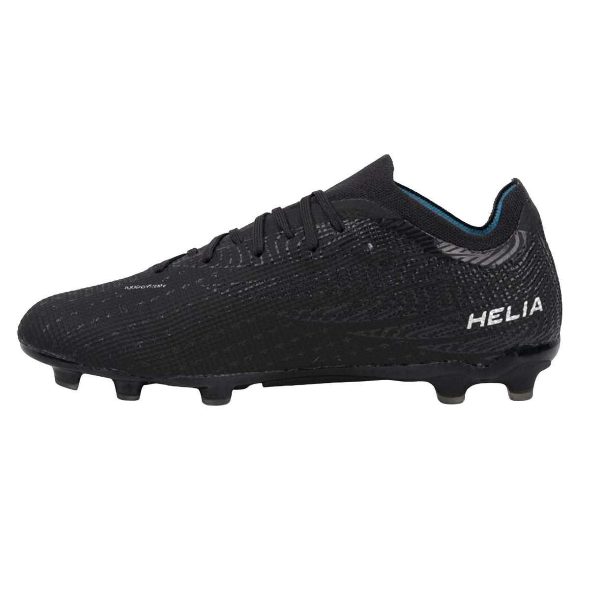 A black women’s soccer cleat—the IDA Helia Elite FG/AG by IDA Sports—features a textured surface, black laces, and “HELIA” printed in white near the heel.