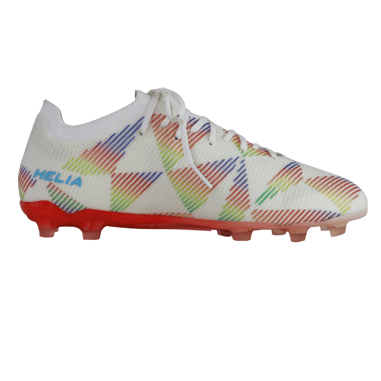 The IDA Sports Helia Elite Limited Edition Pride FG, a white women’s soccer cleat with rainbow stripes, a red sole, and “HELIA” in blue on the side, is shown against a plain background—ideal for firm ground play.