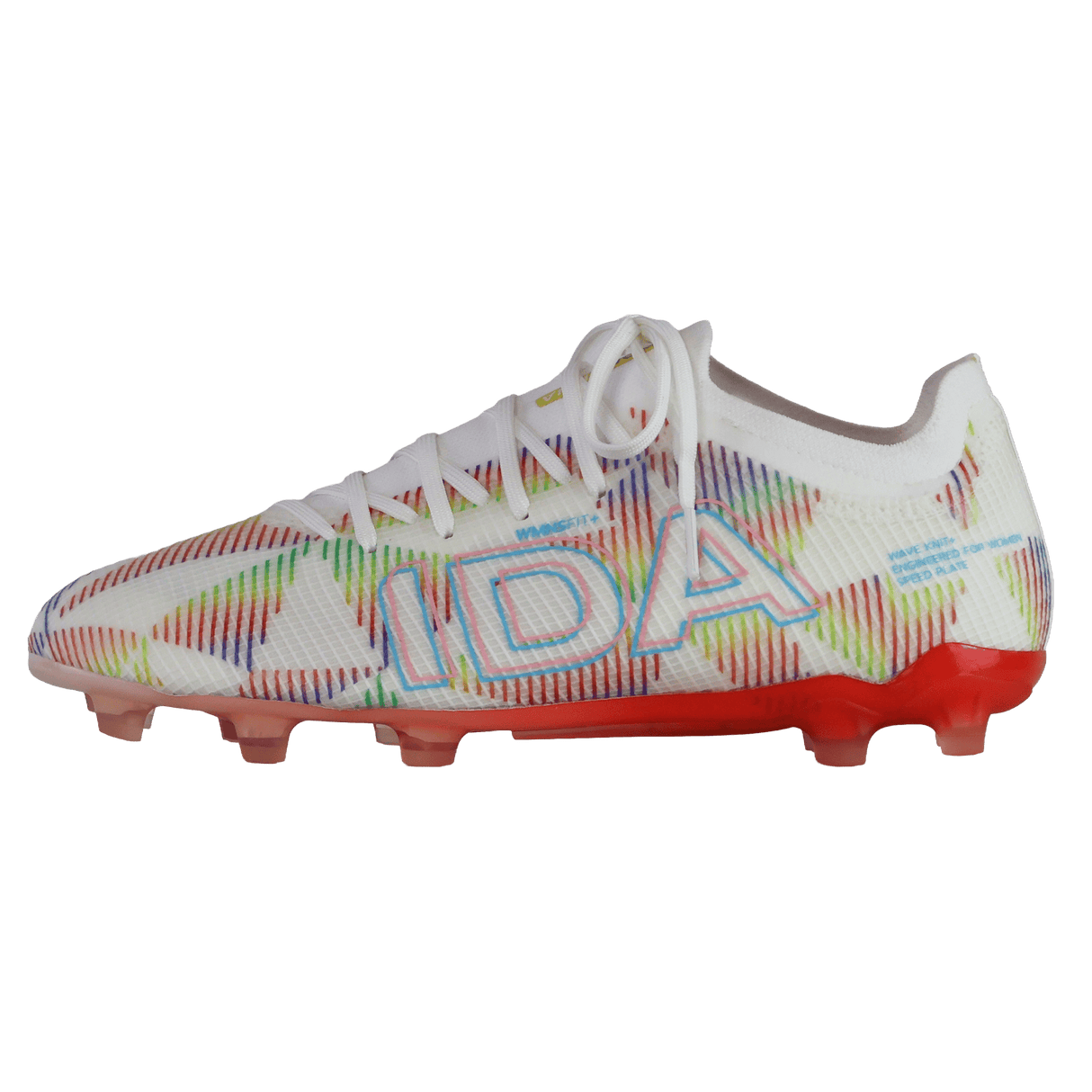 The IDA Helia Elite Limited Edition Pride FG by IDA Sports is a white women’s soccer cleat with multicolored geometric patterns, “IDA” on the side, white laces, and a red studded sole—perfect for firm ground play.