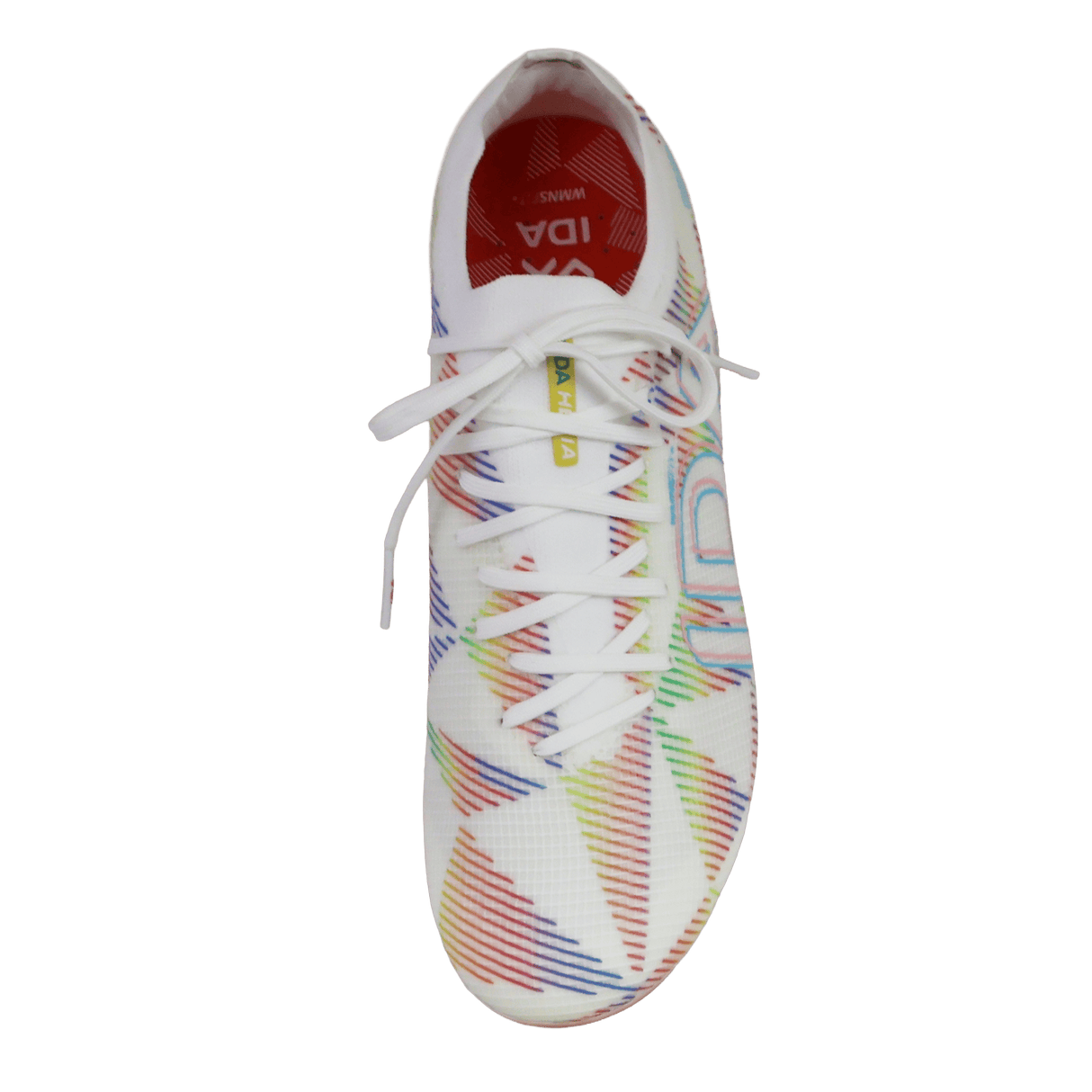 Top view of the IDA Sports Helia Elite Limited Edition Pride FG women’s soccer cleats in white, with multicolored diagonal stripes, white laces, and a red insole—ideal for firm ground play.