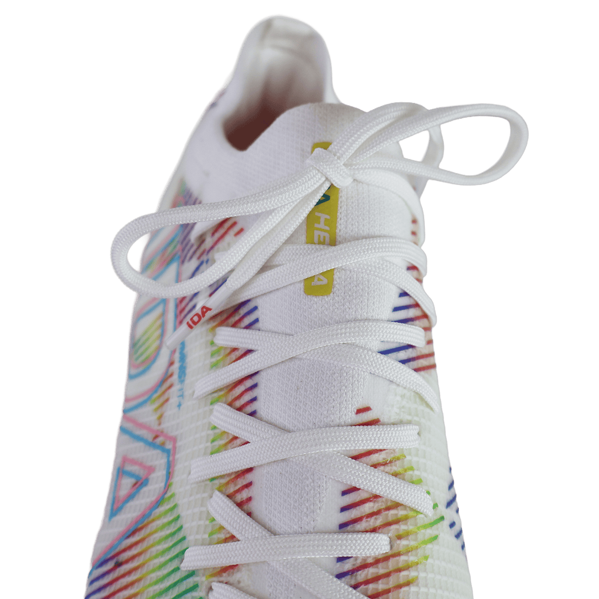 Close-up of the IDA Sports IDA Helia Elite Limited Edition Pride FG women’s soccer cleats, with colorful geometric patterns and white laces, designed for firm ground surfaces and shown from above.