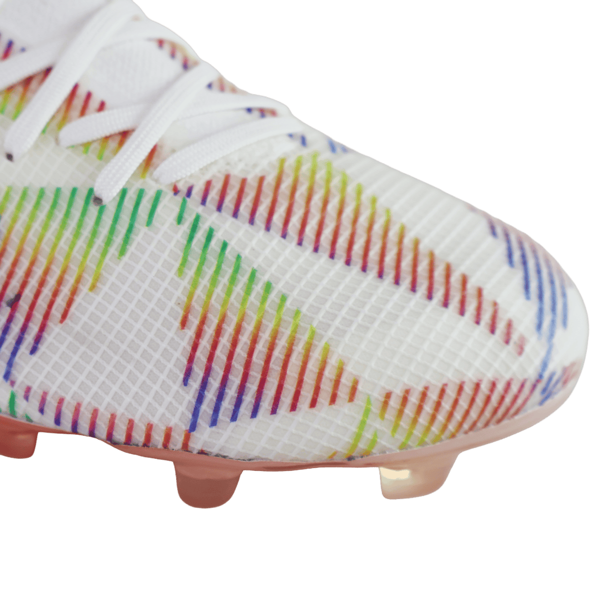 Close-up of the IDA Sports IDA Helia Elite Limited Edition Pride FG women’s soccer cleats with multicolored diagonal stripes and white laces, designed for firm ground play, shown against a plain background.