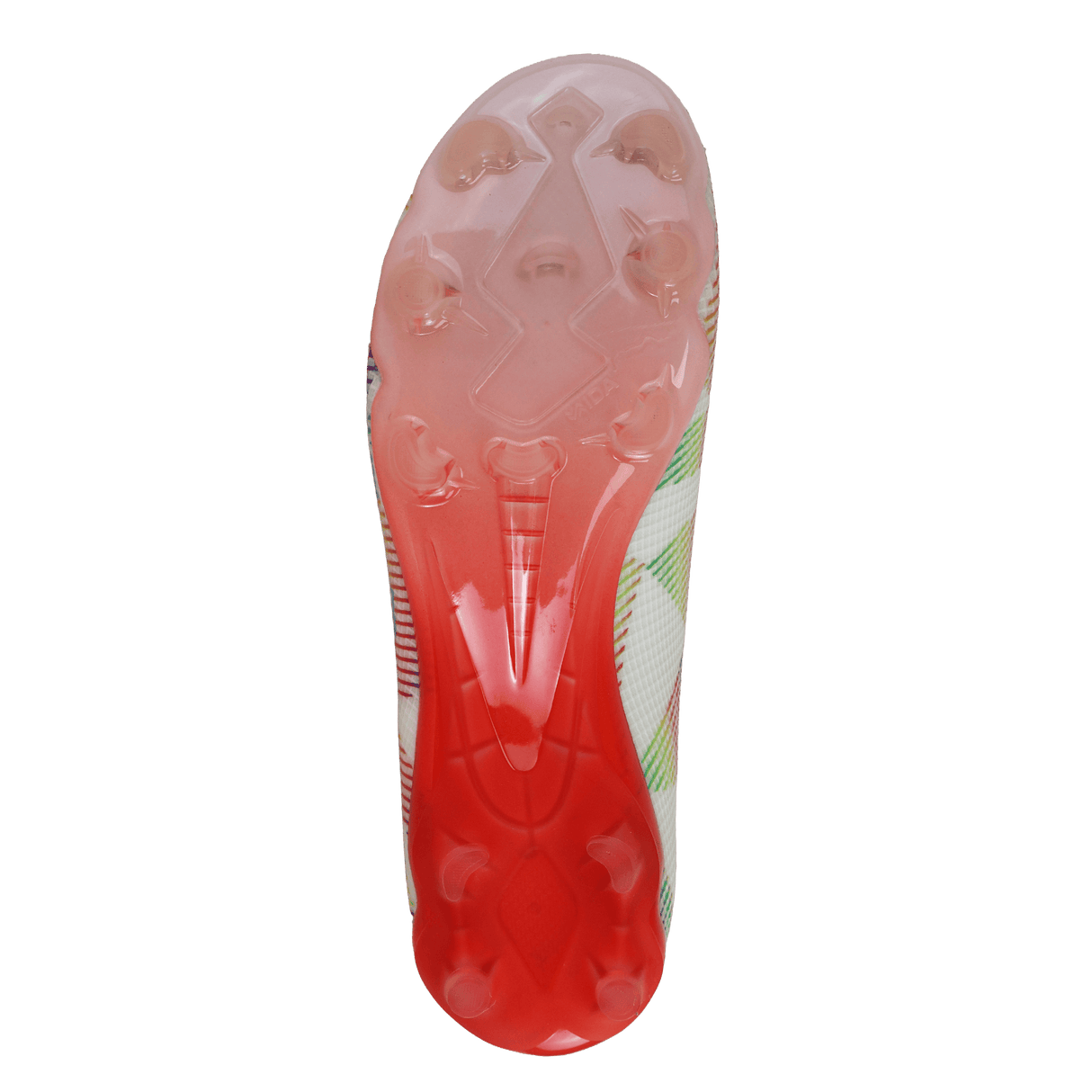 The image shows the sole of the IDA Sports IDA Helia Elite Limited Edition Pride FG women’s soccer cleat, featuring red and translucent studs for traction on firm ground.