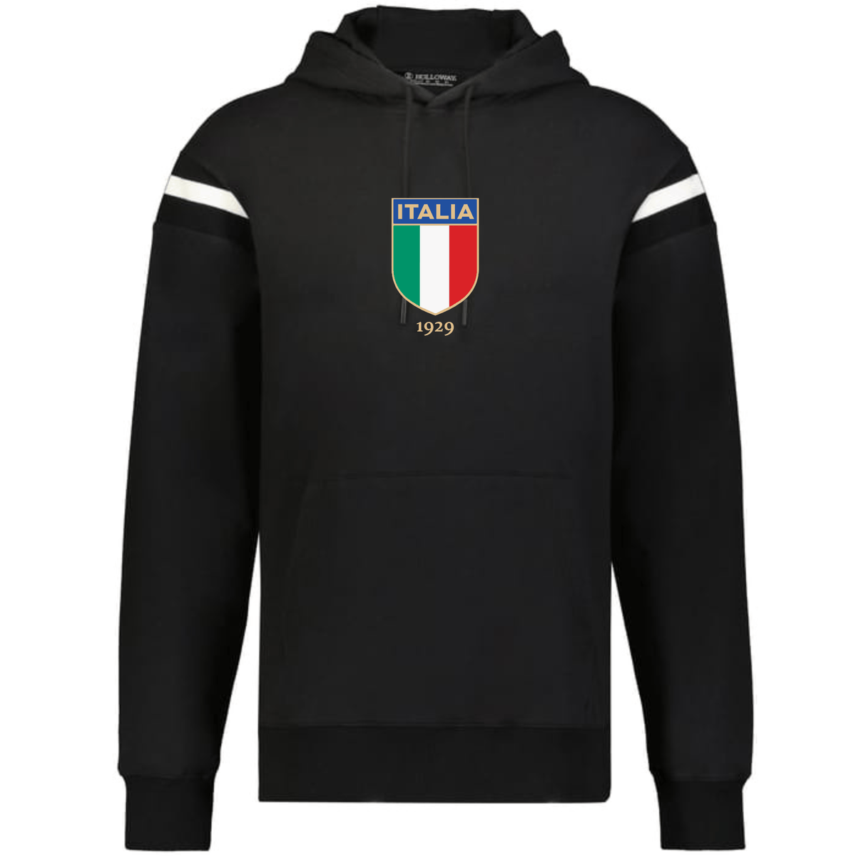 The WRS Augusta Italy Heritage Prep Vintage Shield Hoodie features white arm stripes and an "ITALIA 1929" crest in Italian flag colors—a true nod to vintage style.