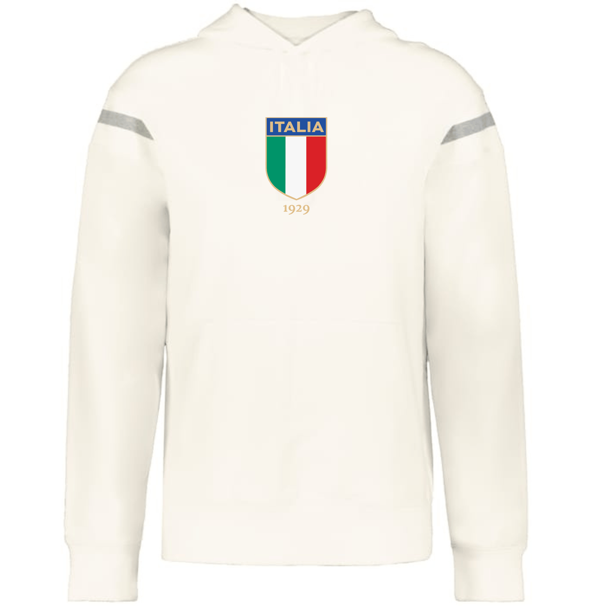 The WRS Augusta Italy Heritage Prep Vintage Shield Hoodie features a white design with the Italia crest, green-white-red shield, "1929" on the chest, and subtle silver sleeve stripes for classic Italian style.