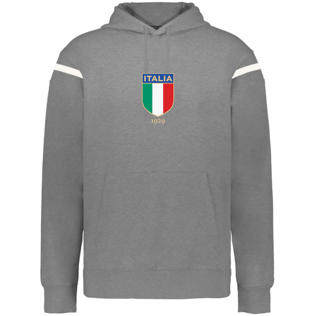 The WRS Augusta Italy Heritage Prep Vintage Shield Hoodie is a grey hooded sweatshirt with white shoulder stripes and an “ITALIA 1929” multicolor crest on the chest, inspired by classic rugby style.
