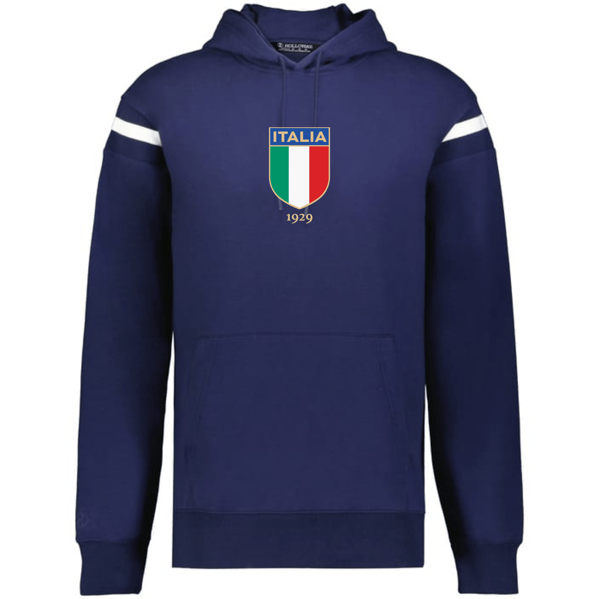 Show your Italy pride in the WRS Augusta Italy Heritage Prep Vintage Shield Hoodie, featuring navy blue color, white sleeve stripes, front pouch pocket, and an Italia shield with “1929” on the chest—a classic vintage look.