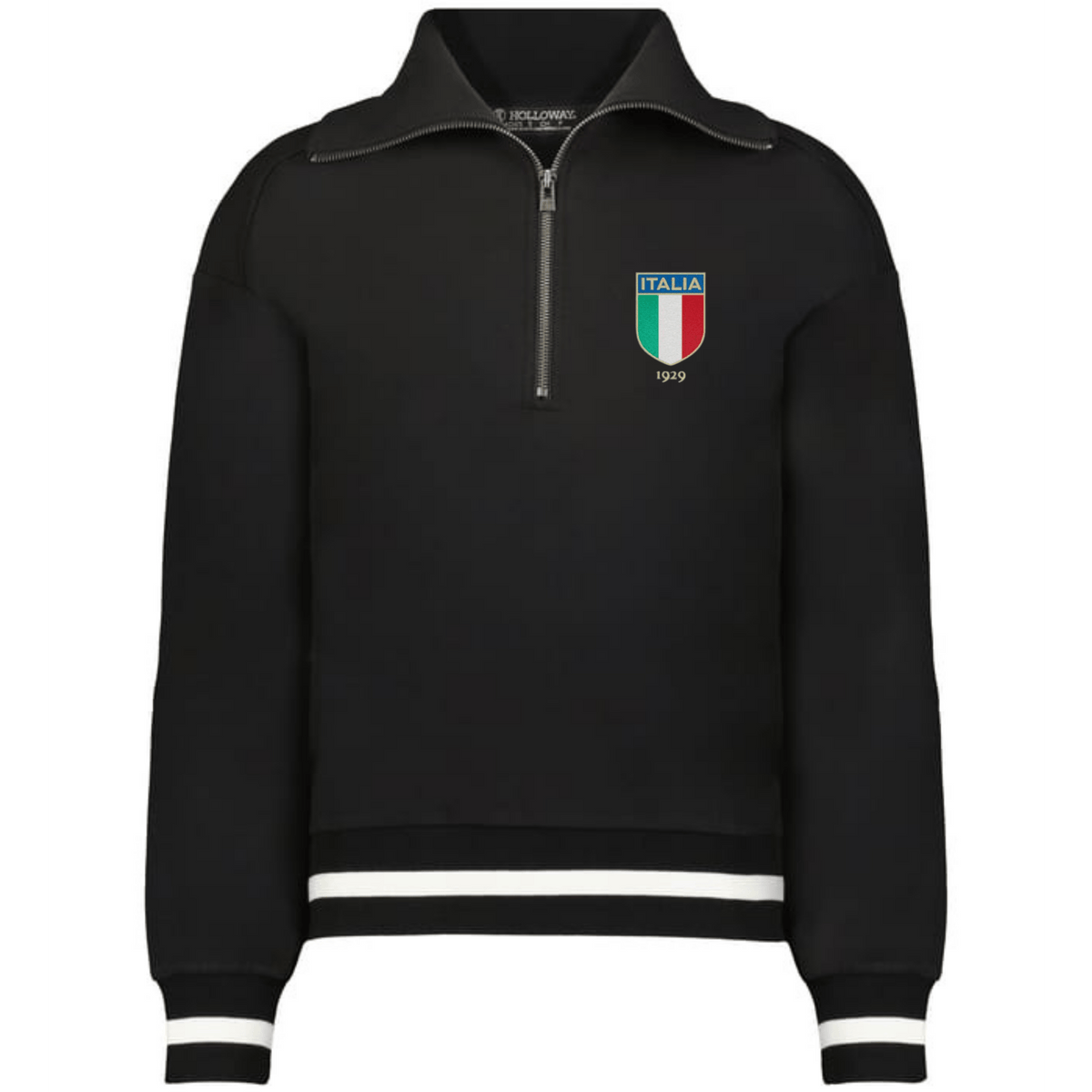 The EMB Augusta Women's Vintage Italy Heritage Prep Pullover is a black quarter-zip with white stripes on the cuffs and hem, showcasing an Italia 1939 crest in flag colors on the left chest to honor Italian heritage.