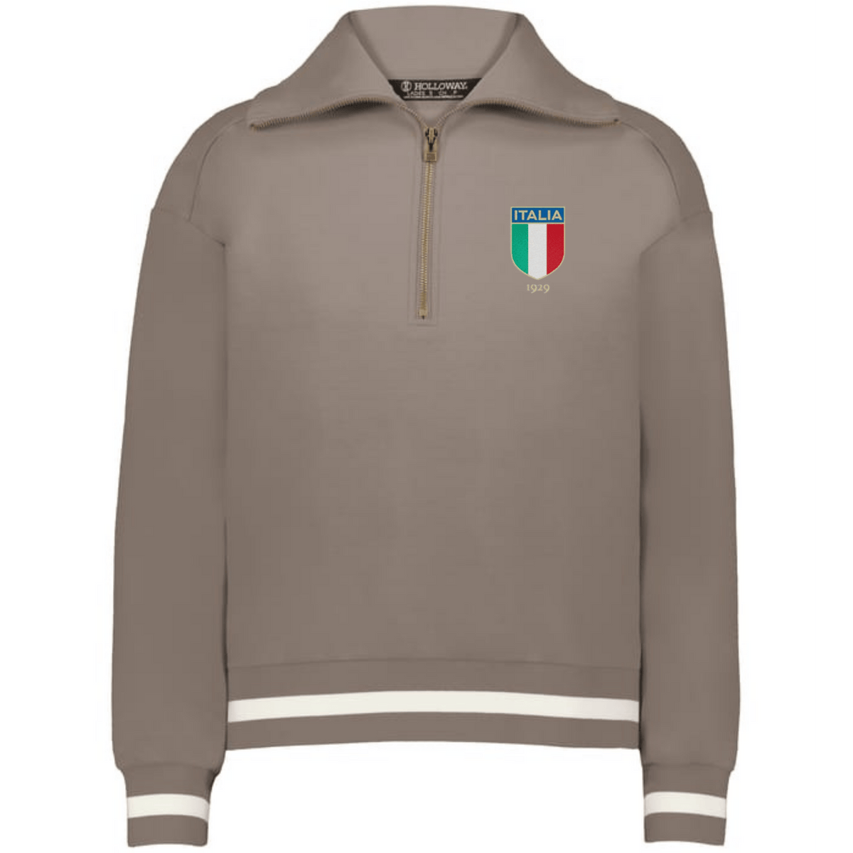 Show your Italy pride in the EMB Augusta Women's Vintage Italy Heritage Prep Pullover—a taupe quarter-zip with white striped cuffs and hem, plus an "Italia 1919" badge in Italian flag colors on the left chest.