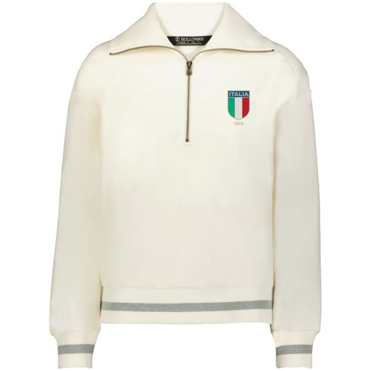 The EMB Augusta Women's Vintage Italy Heritage Prep Pullover features an off-white half-zip collar, gray-striped cuffs and hem, and an "Italia 1939" chest crest for classic Italian heritage style.