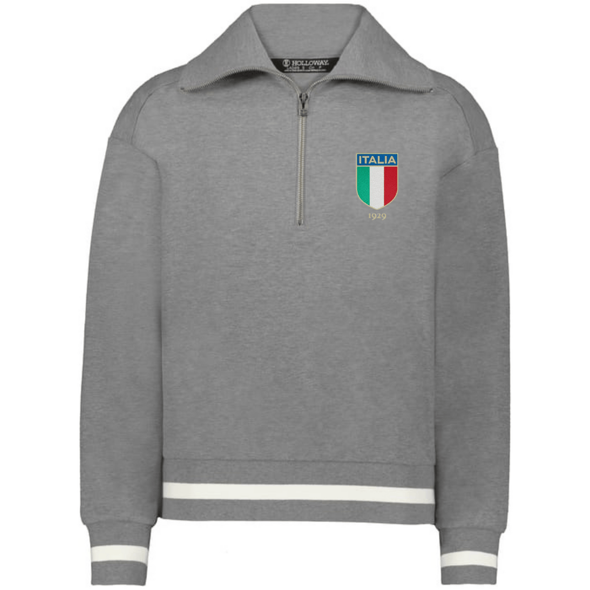 The EMB Augusta Women's Vintage Italy Heritage Prep Pullover features white-striped cuffs and hem, a gray quarter-zip design, and an Italia 1919 badge—perfect for showing Italian pride in a women's prep style.