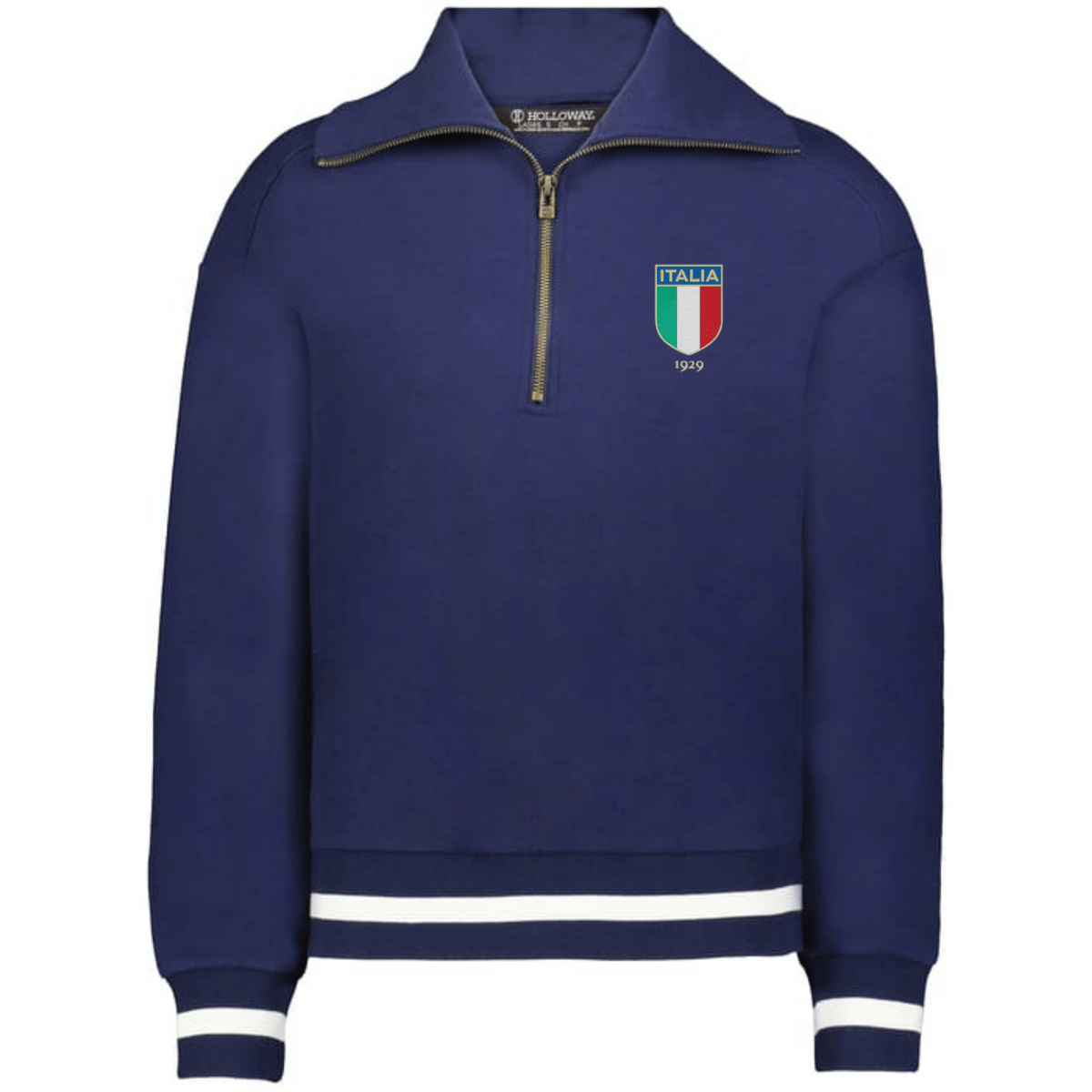 The EMB Augusta Women's Vintage Italy Heritage Prep Pullover features blue fabric, white-striped cuffs and hem, and an Italy 1939 crest on the left chest—a tribute to classic women’s prep and Italy heritage style.