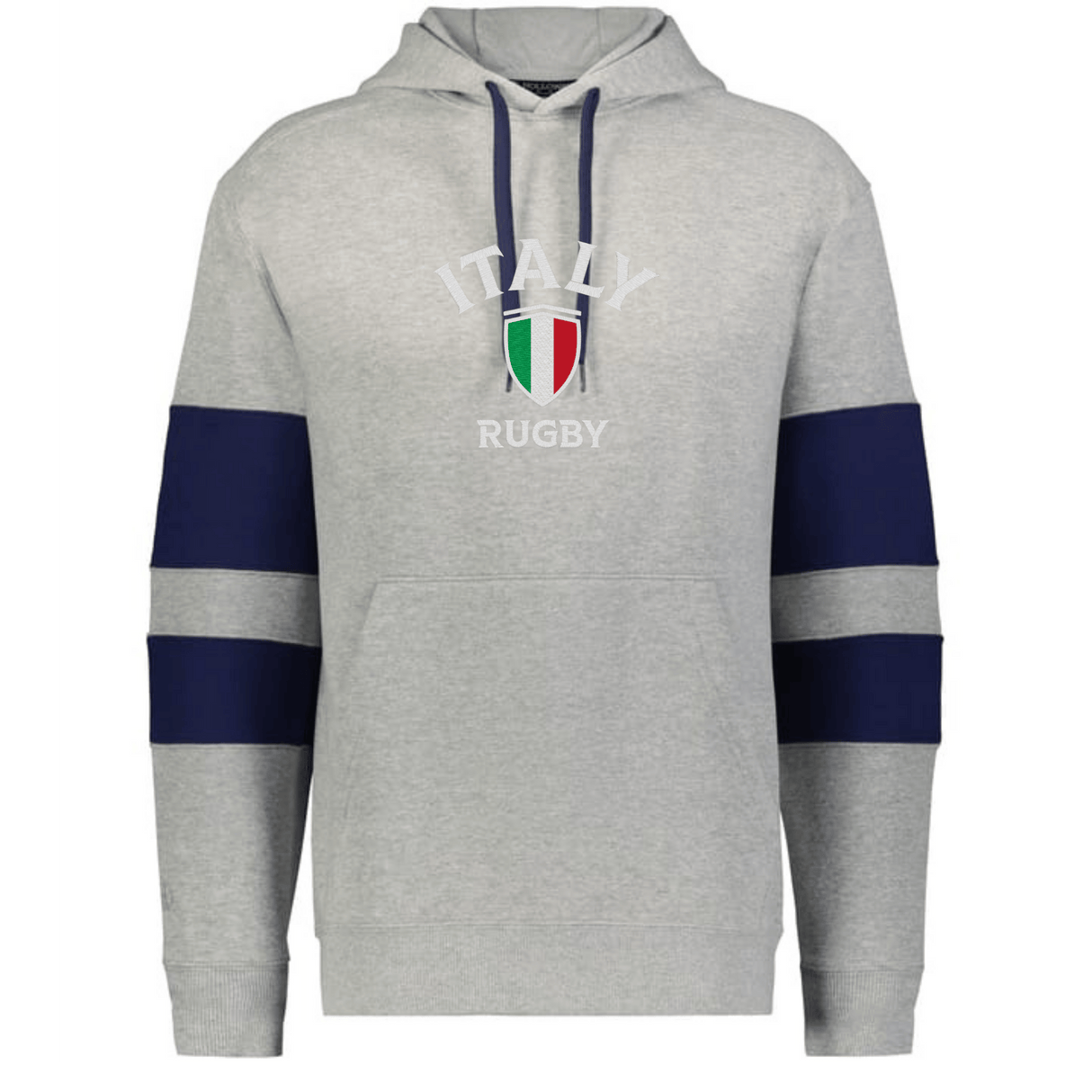 The WRS Augusta Nations of Rugby Italy Jackson Way Hoodie is light grey with navy blue sleeve stripes, a front pocket, and an "ITALY RUGBY" emblem with the Italian flag crest on the chest.