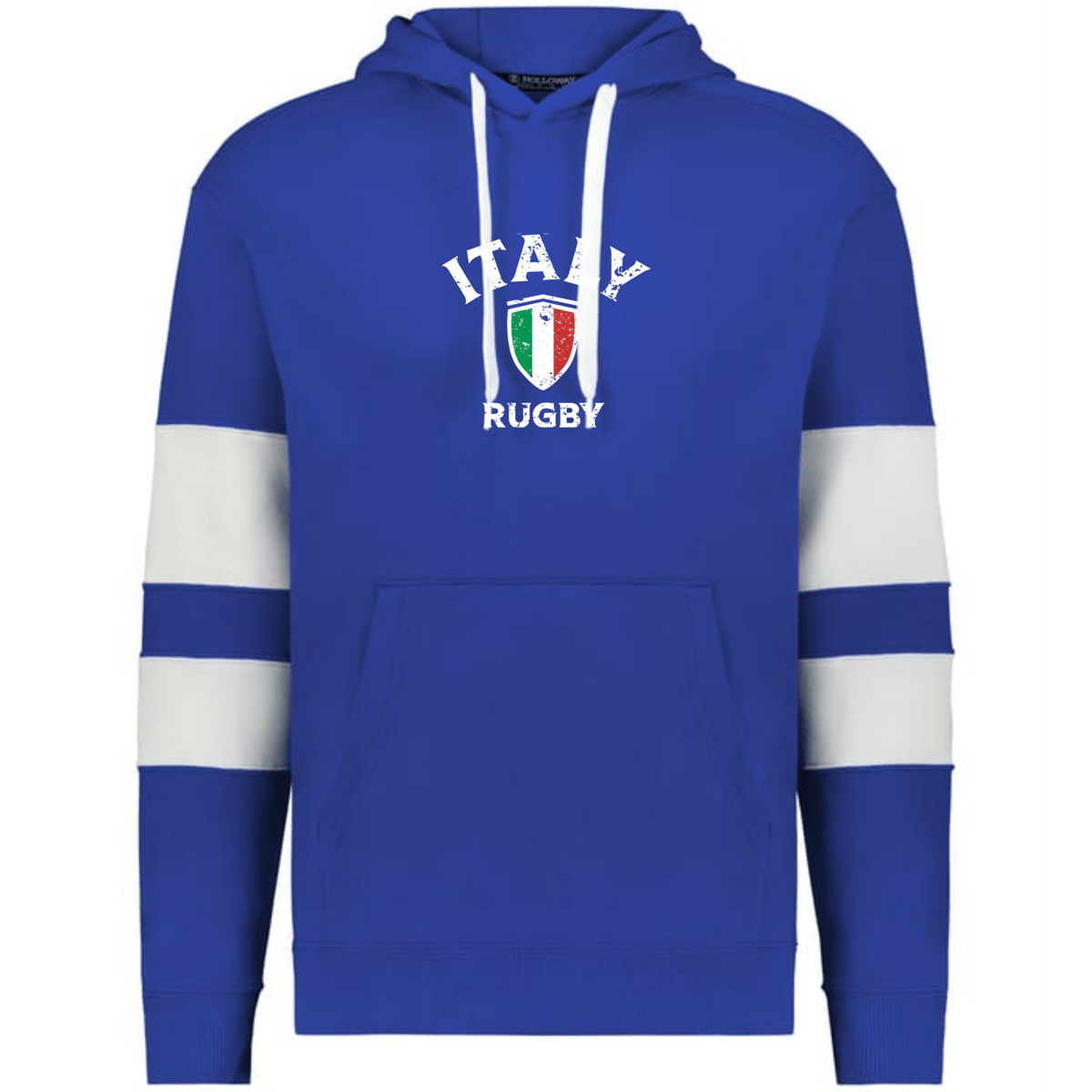 The WRS Augusta Nations of Rugby Italy Jackson Way Hoodie features white drawstrings, two white sleeve stripes, and an "Italy Rugby" logo with the Italian flag shield—perfect for rugby fans.