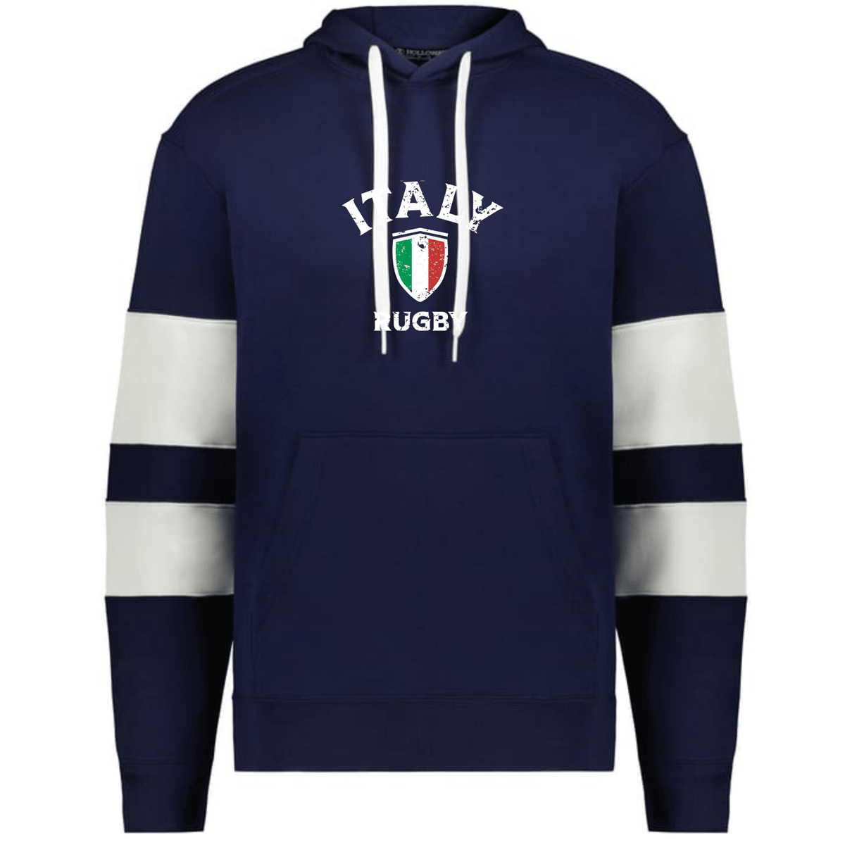 The WRS Augusta Nations of Rugby Italy Jackson Way Hoodie features a navy blue design, white drawstrings, striped sleeves, and "Italy Rugby" above an Italian flag crest on the chest.