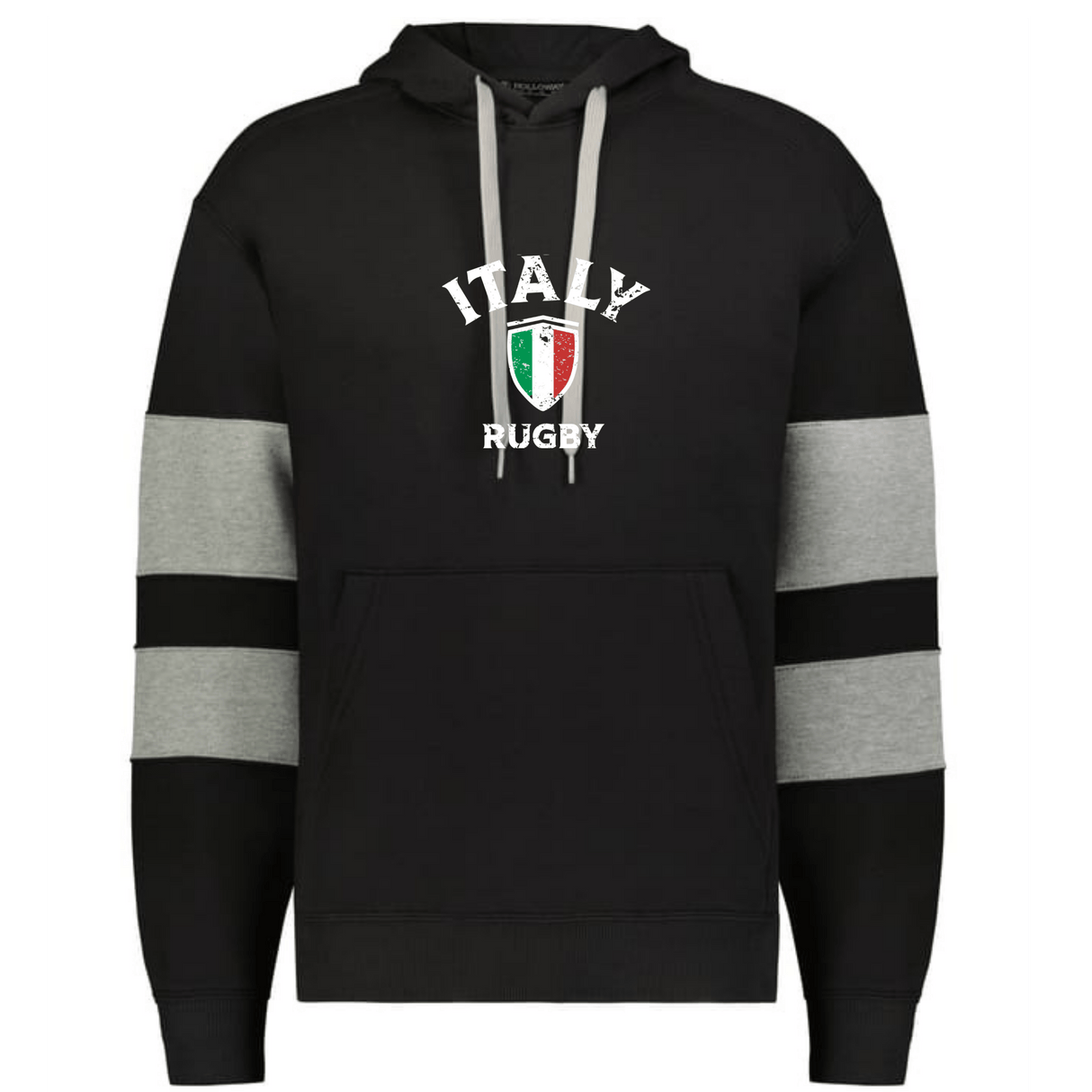 The WRS Augusta Nations of Rugby Italy Jackson Way Hoodie is a black hoodie with gray sleeve stripes, "ITALY RUGBY" text, and an Italian flag crest on the chest.