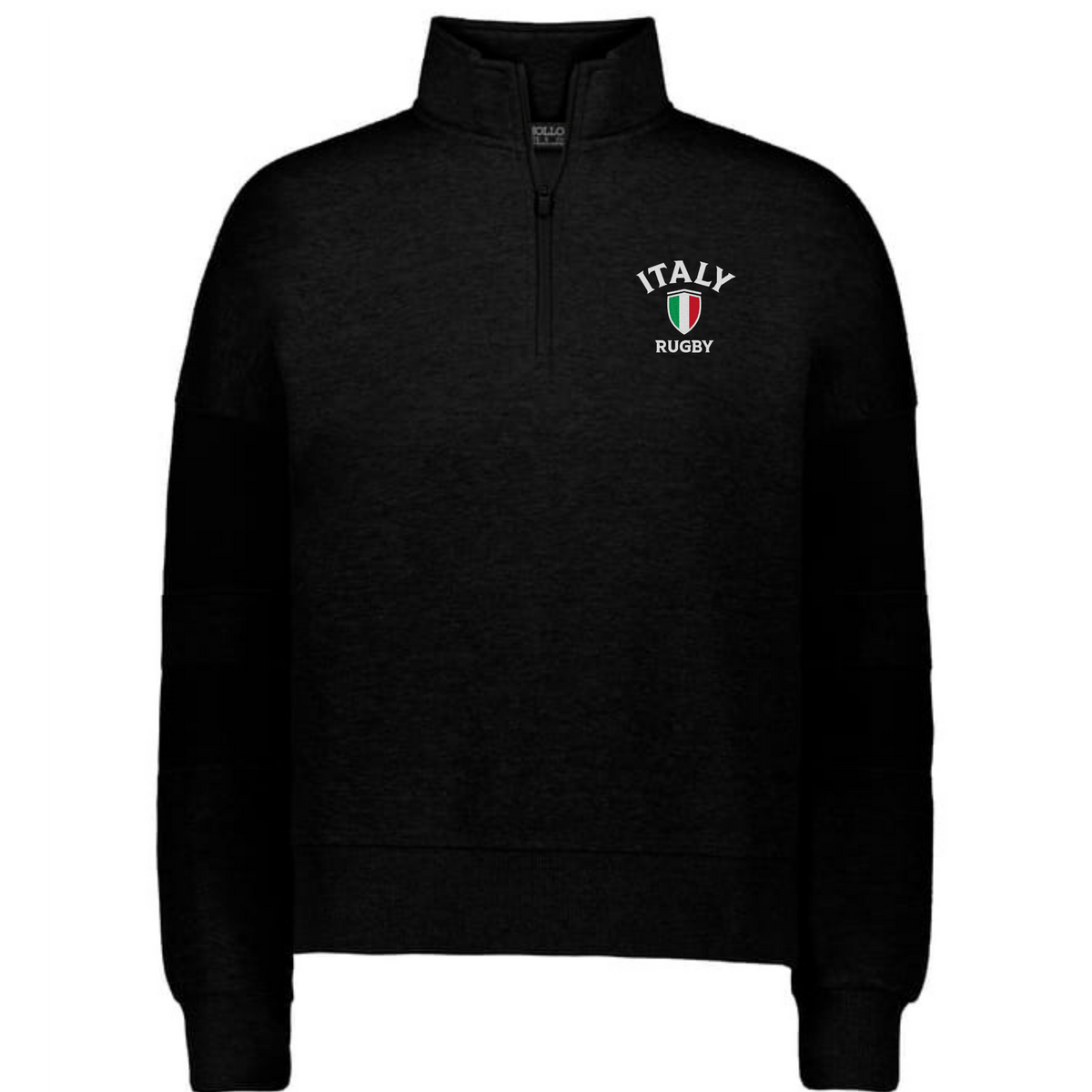 The EMB Augusta Women's Nations of Rugby Italy Jackson Way Pullover is a black quarter-zip featuring "ITALY RUGBY" and an Italian flag emblem—perfect for rugby supporters.