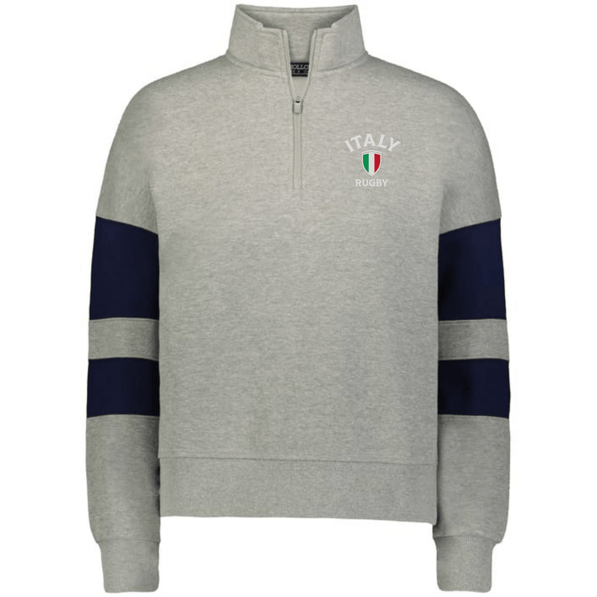 The EMB Augusta Women's Nations of Rugby Italy Jackson Way Pullover is a light grey quarter-zip sweatshirt with navy sleeve stripes and an "Italy Rugby" flag logo on the upper left chest—ideal for rugby supporters.