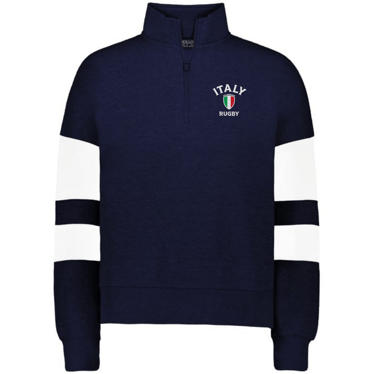 Show your support with the EMB Augusta Women's Nations of Rugby Italy Jackson Way Pullover—a navy blue quarter-zip with white sleeve stripes and Italy Rugby logo on the left chest. Perfect for rugby fans!.