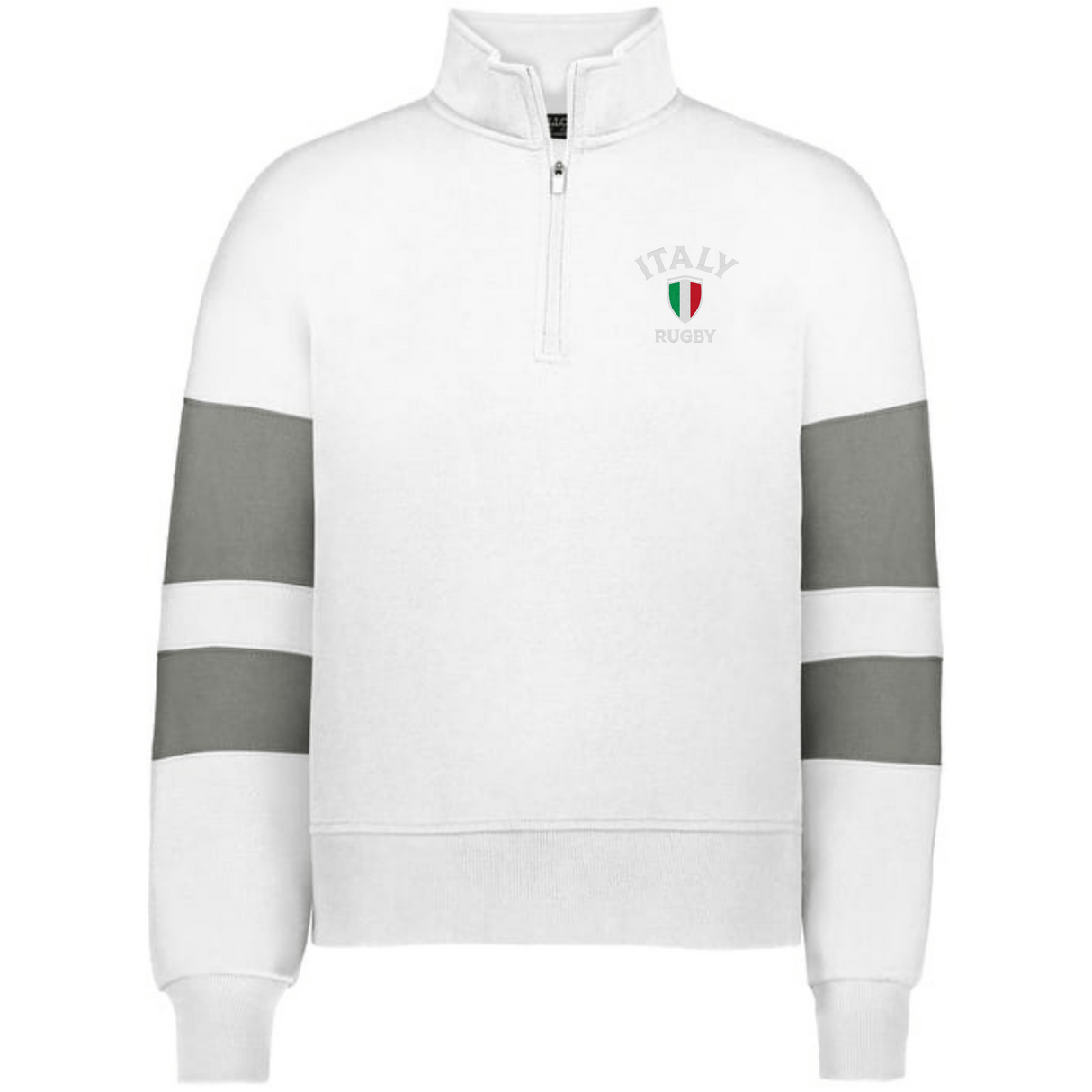 Show your team pride in the EMB Augusta Women's Nations of Rugby Italy Jackson Way Pullover—a white quarter-zip with grey stripes and "Italy Rugby" logo. Stylish, comfy apparel perfect for any Italy rugby supporter.
