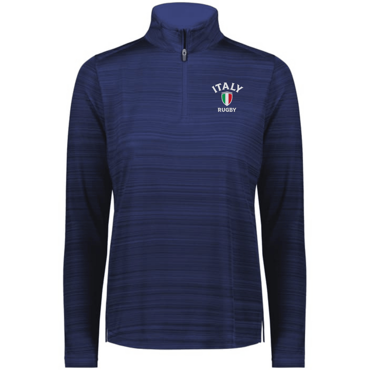 The EMB Augusta Women's Nations of Rugby Italy Pursuit 1/4 Zip Pullover in navy features "ITALY RUGBY" and an Italian flag crest on the chest, combining style and comfort for Italy rugby fans.