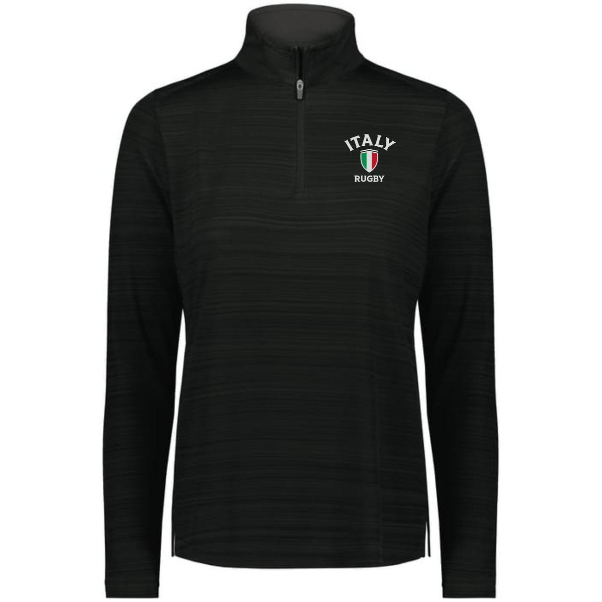 The EMB Augusta Women's Nations of Rugby Italy Pursuit 1/4 Zip Pullover is a black, moisture-wicking long-sleeve top with “Italy Rugby” and shield logo on the left chest—ideal for showing team pride.