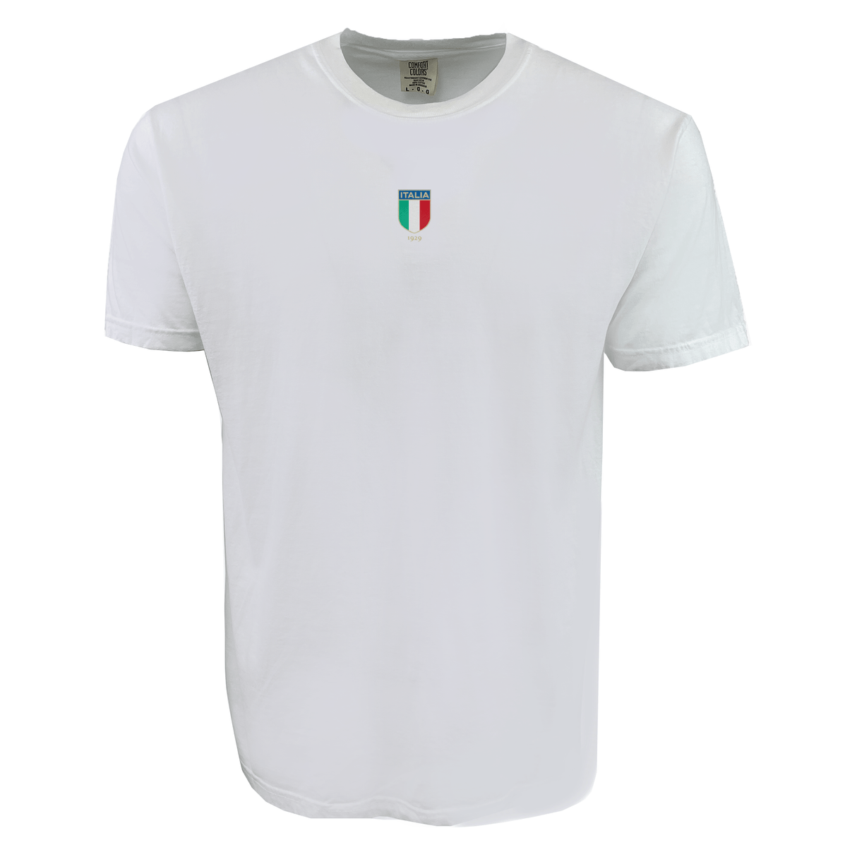 The Italy Vintage Comfort Tee by EMB S&S Activewear is a plain white shirt with a small embroidered Italian flag crest and "ITALIA" printed on the upper chest—ideal for any rugby fan's collection.