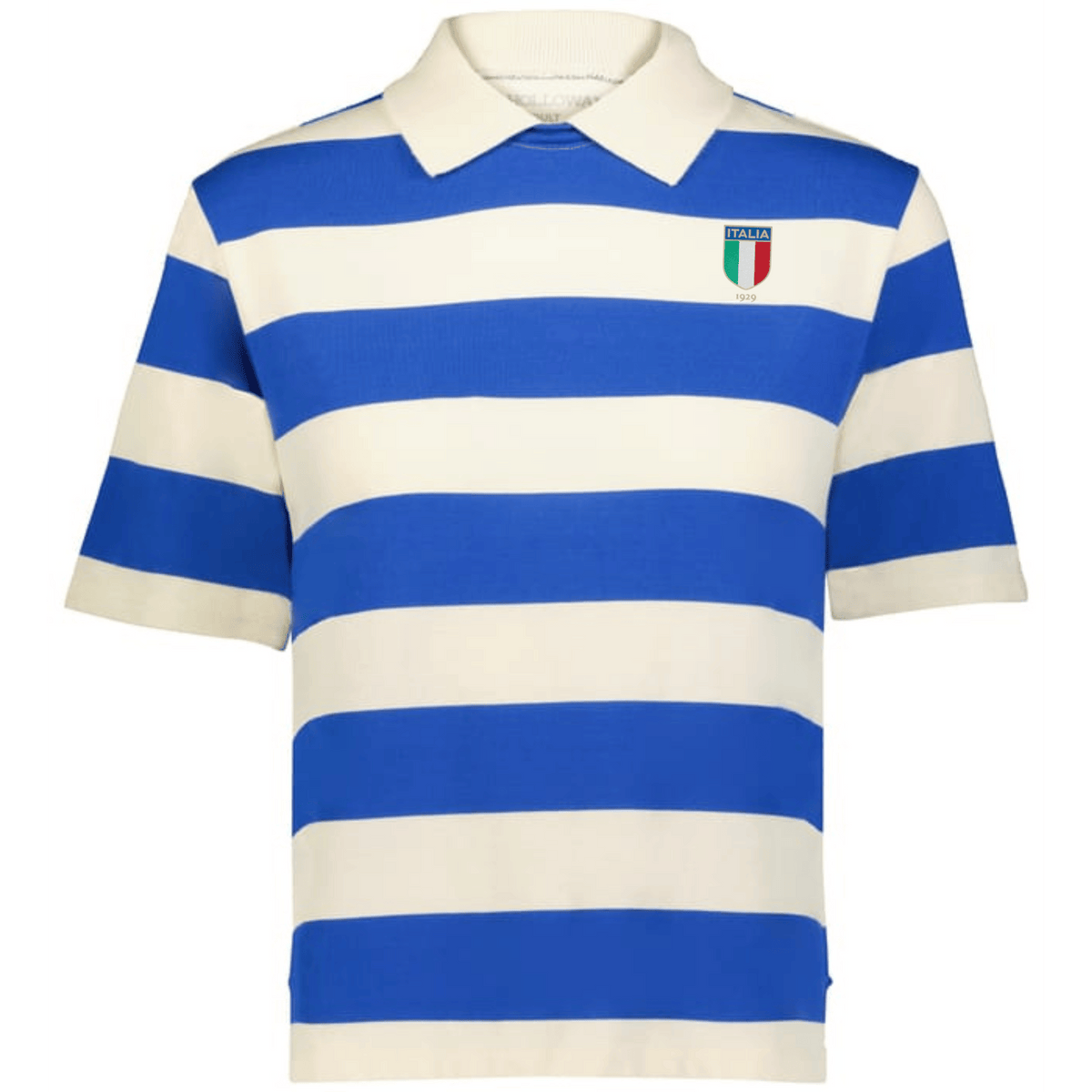 Inspired by vintage rugby, the EMB Augusta Women's Vintage Italy Prep Street Rugby Crop features bold blue and white stripes and an Italy soccer crest—a sporty yet stylish short-sleeve polo.