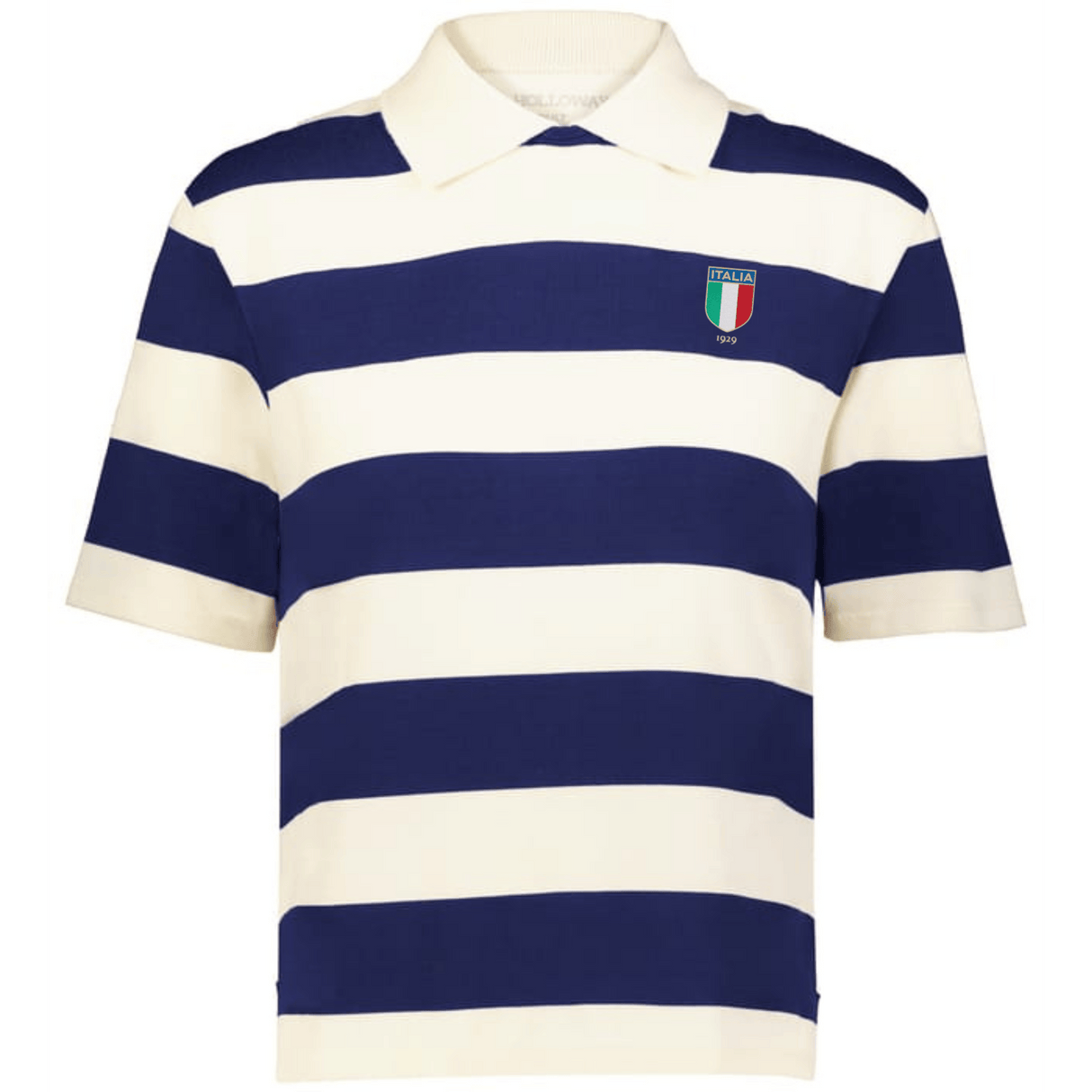 The EMB Augusta Women's Vintage Italy Prep Street Rugby Crop features wide navy and white stripes with an "Italia" badge—delivering a stylish, prep street vibe perfect for a vintage rugby crop look.