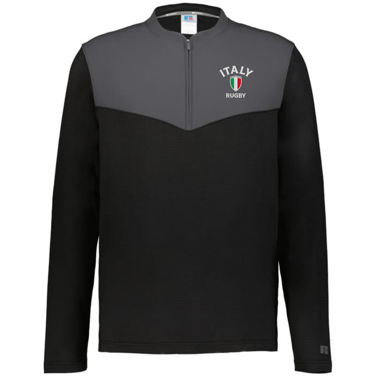 The EMB Augusta Nations of Rugby Italy Sideline Grid 1/4 Zip Pullover in black and gray features "ITALY RUGBY" and an Italian flag crest—perfect for any rugby supporter’s fleece collection.