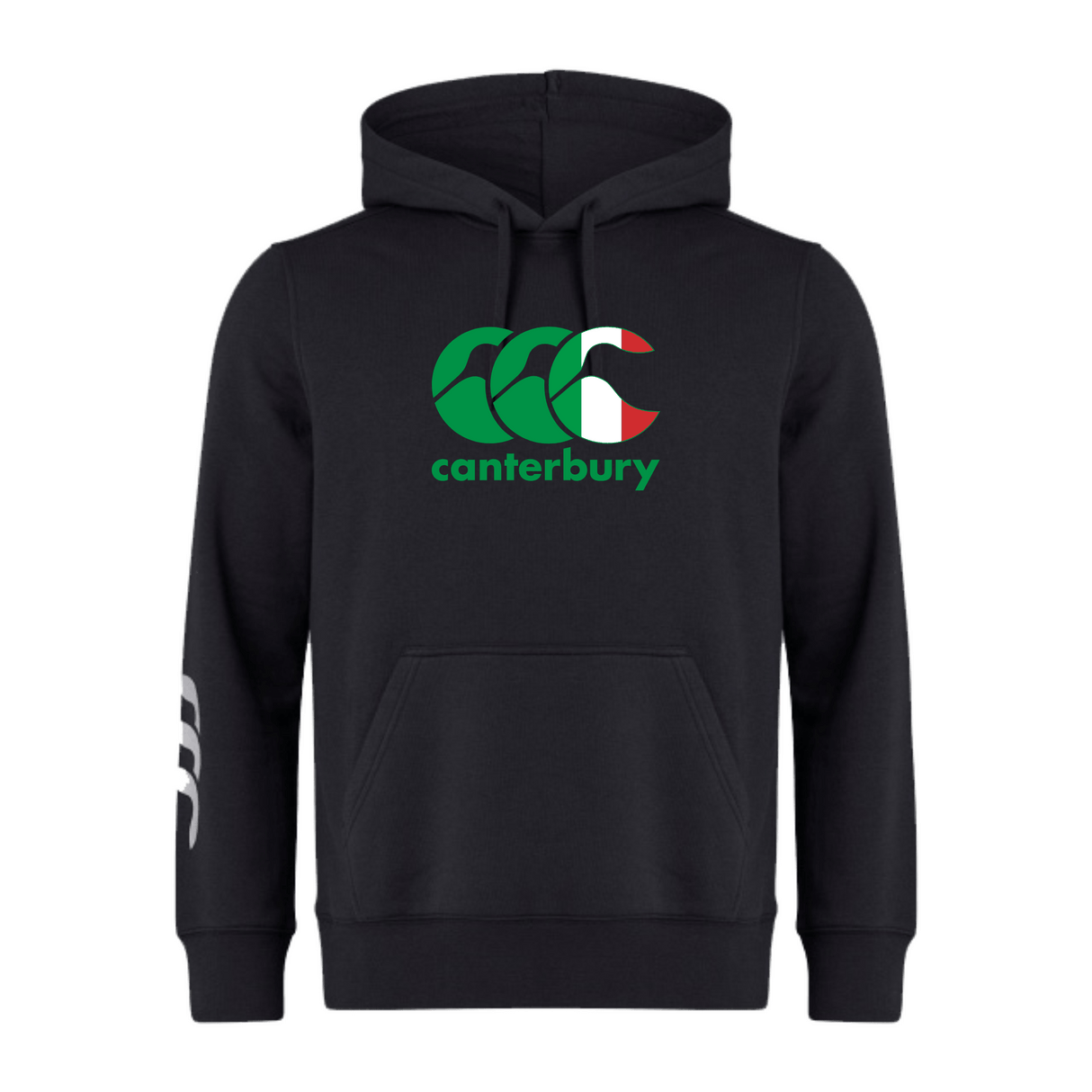 The Canterbury Italy CCC Club Lightweight Hoodie by WRS Canterbury is crafted from polyester, featuring the iconic logo in green, red, and white on the chest and three distinctive white stripes on the right sleeve for added style.