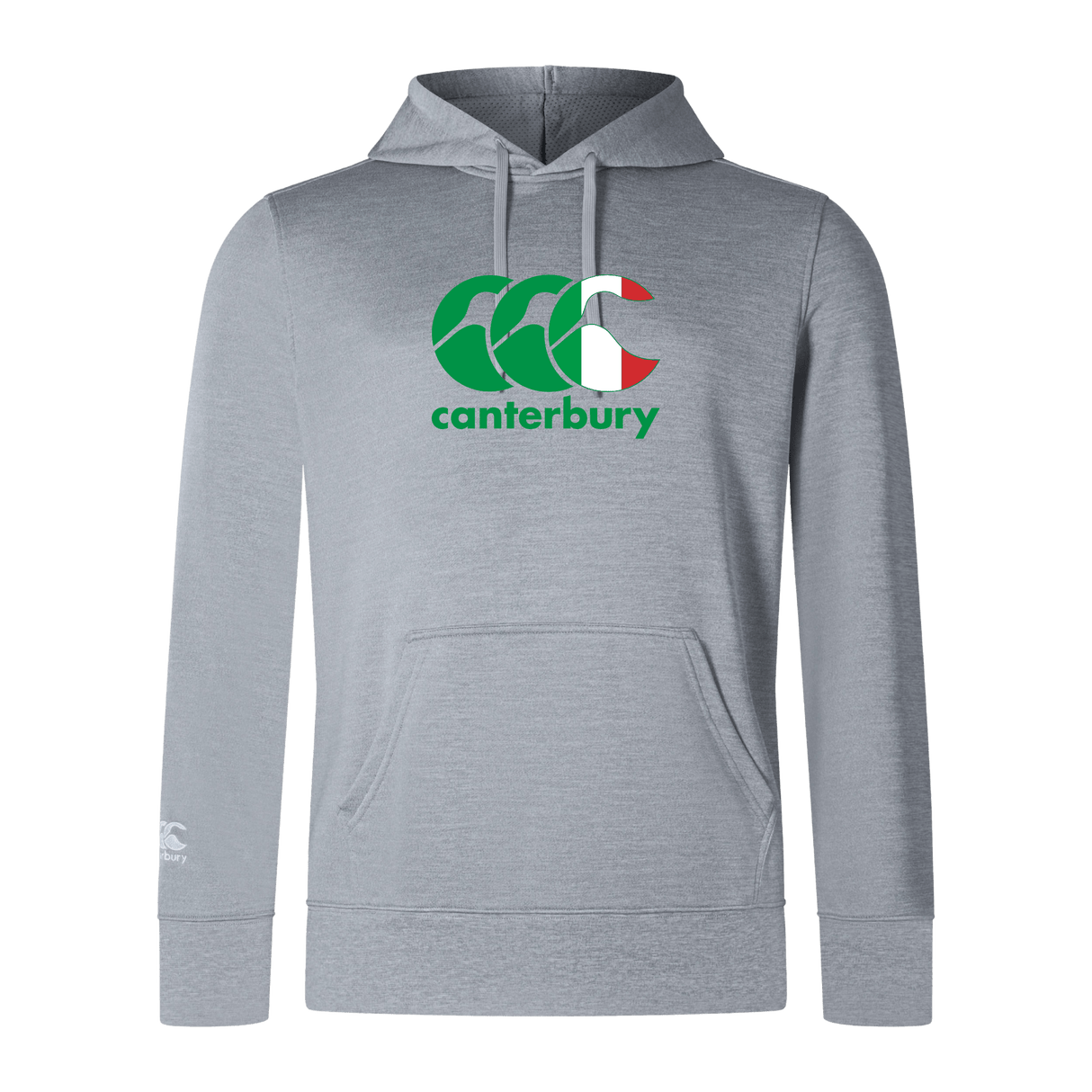 The Canterbury Italy CCC Club Lightweight Hoodie by WRS Canterbury is a lightweight gray polyester hoodie featuring the iconic logo on the chest and a small logo on the left sleeve.