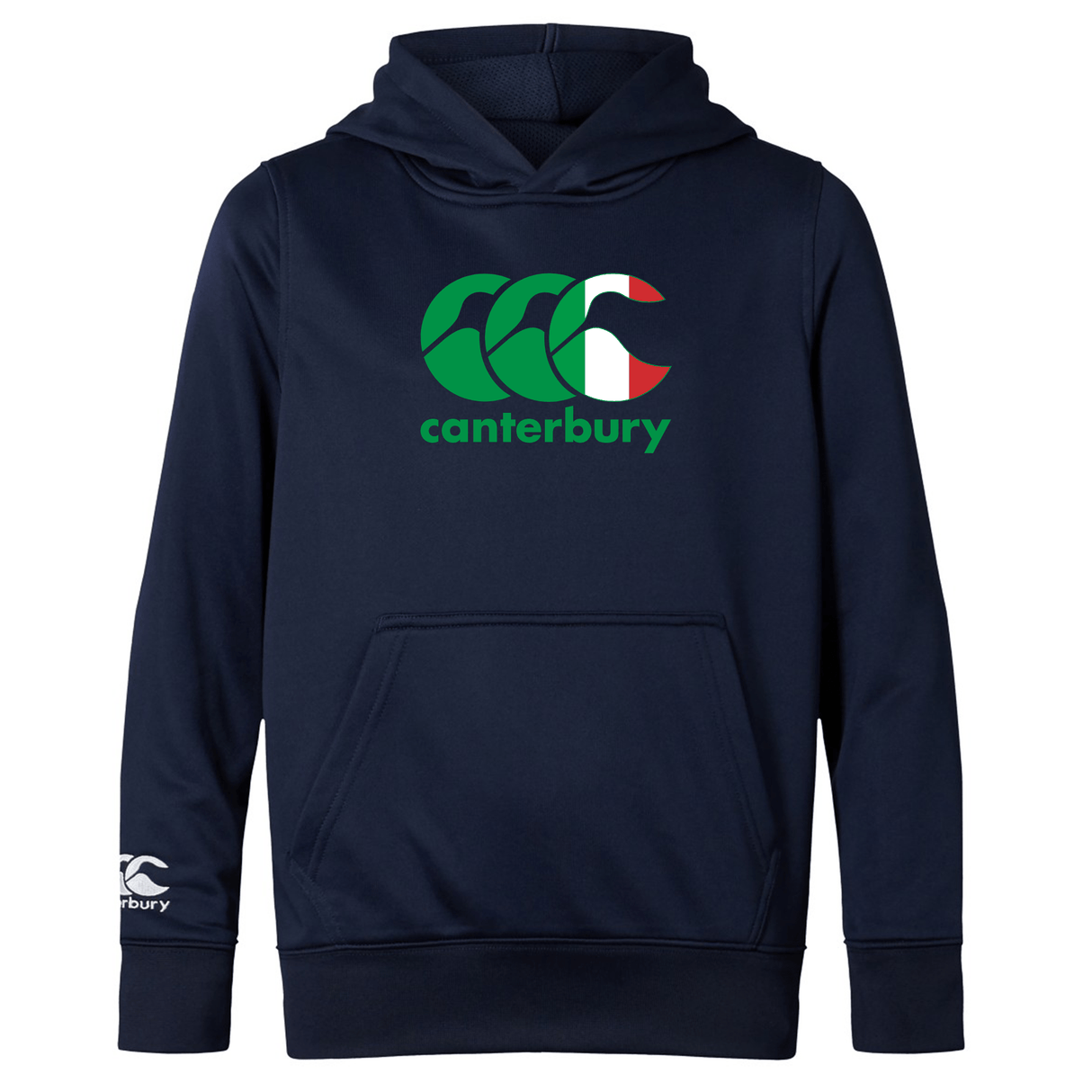 The Canterbury Italy CCC Club Lightweight Hoodie by WRS Canterbury is navy blue and made from polyester. It features a front pocket, a bold CCC logo in green, white, and red on the chest, and a smaller Canterbury logo on the left sleeve.