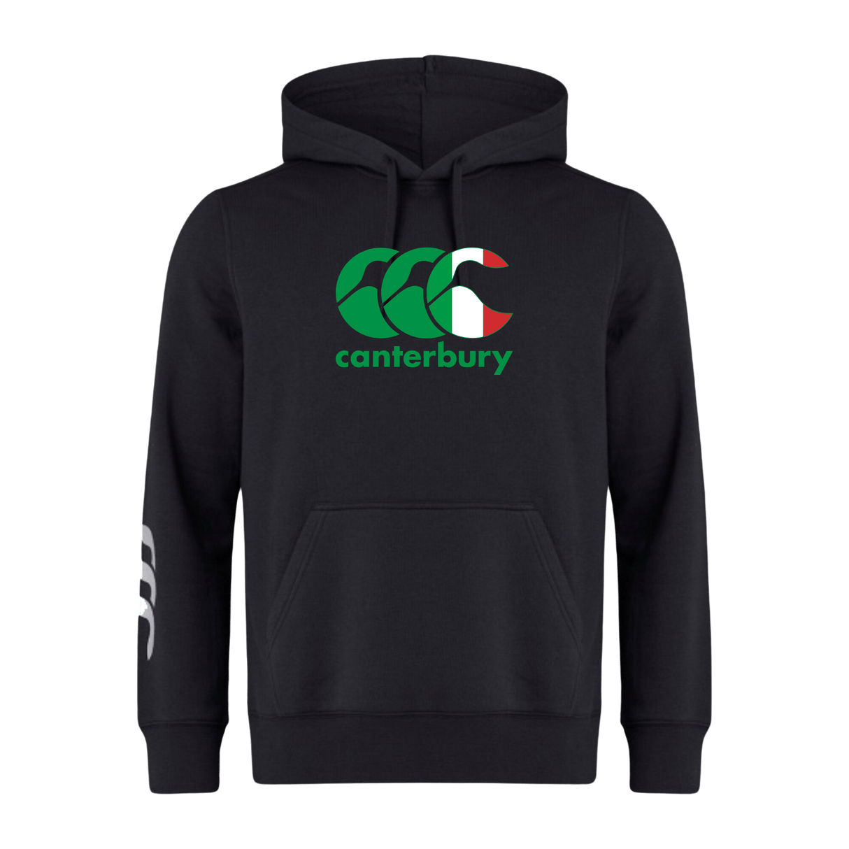 The black Canterbury Italy CCC Flag Club Hoodie by WRS Canterbury showcases a vibrant red, white, and green logo on the front and features a sleek white logo on the sleeve for added style.