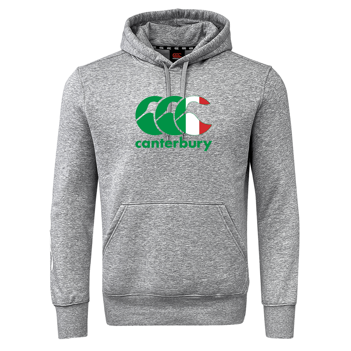 Gray Canterbury Italy CCC Flag Club Hoodie by WRS Canterbury, featuring a kangaroo pocket and displaying the brand's logo in green, white, and red on the front.