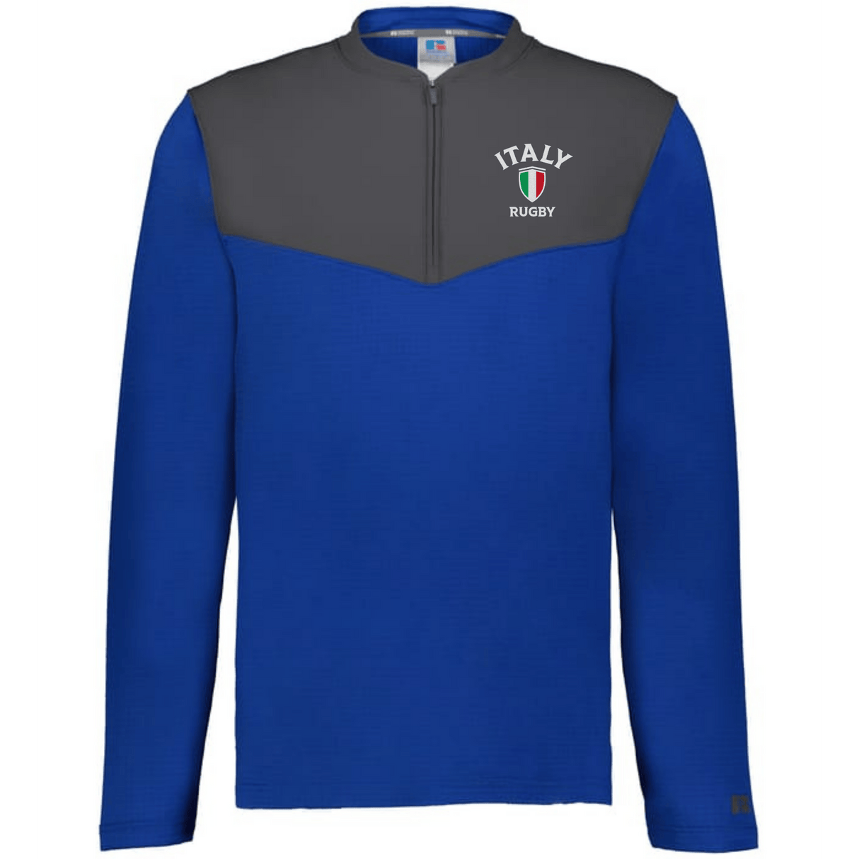 The EMB Augusta Nations of Rugby Italy Sideline Grid 1/4 Zip Pullover is a blue and gray fleece with “ITALY RUGBY” text and an Italian flag shield on the left chest—ideal for any rugby fan.