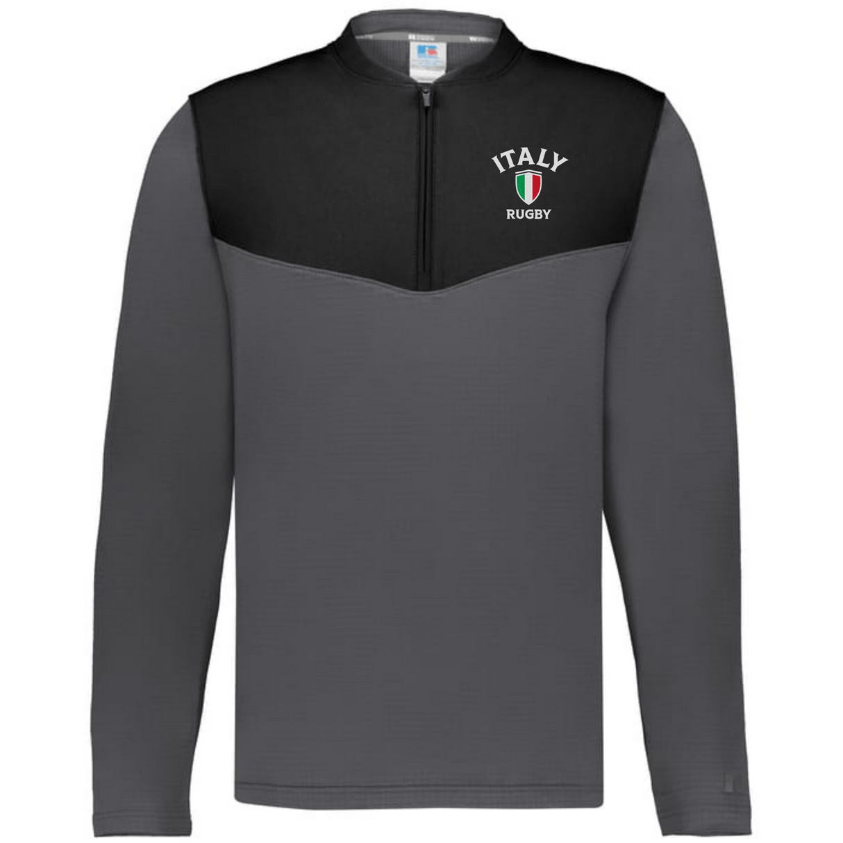 Show your team spirit with the EMB Augusta Nations of Rugby Italy Sideline Grid 1/4 Zip Pullover, featuring "Italy Rugby" text and crest on the left chest. The perfect gray and black choice for any rugby supporter.