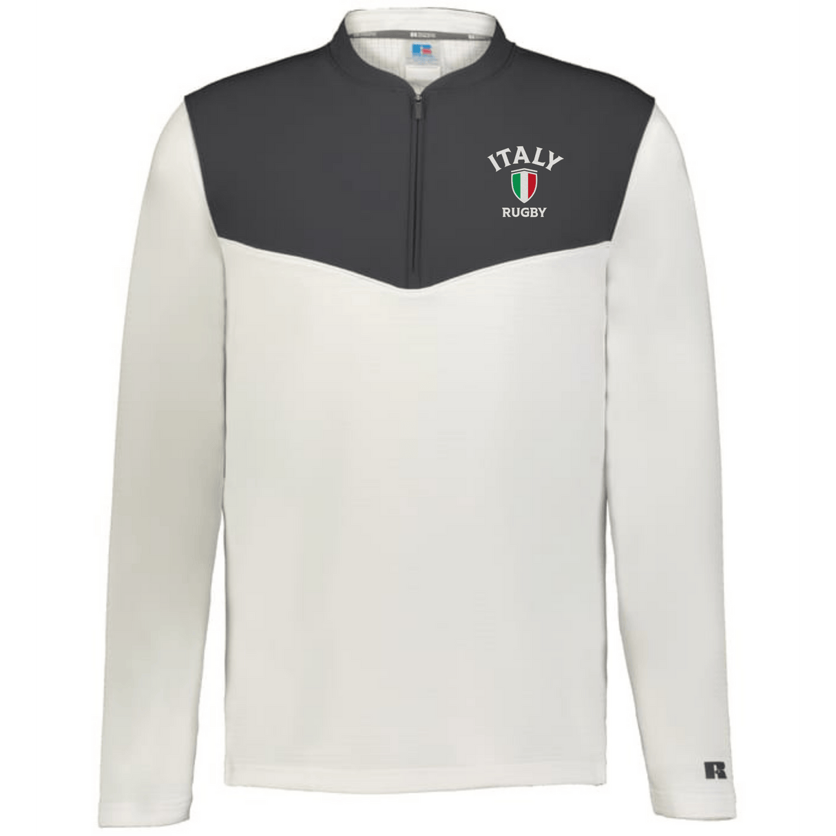 The EMB Augusta Nations of Rugby Italy Sideline Grid 1/4 Zip Pullover, in white and dark grey with "Italy Rugby" text and logo on the left chest, is perfect for any rugby supporter.