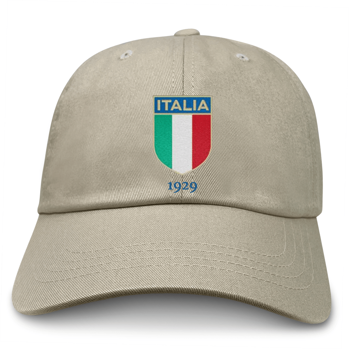 The EMB S&S Activewear Nations of Rugby Italy Vintage Dad Cap is a beige baseball cap with an "Italia" crest, Italian flag colors, and "1929" embroidered below for a classic vintage look.