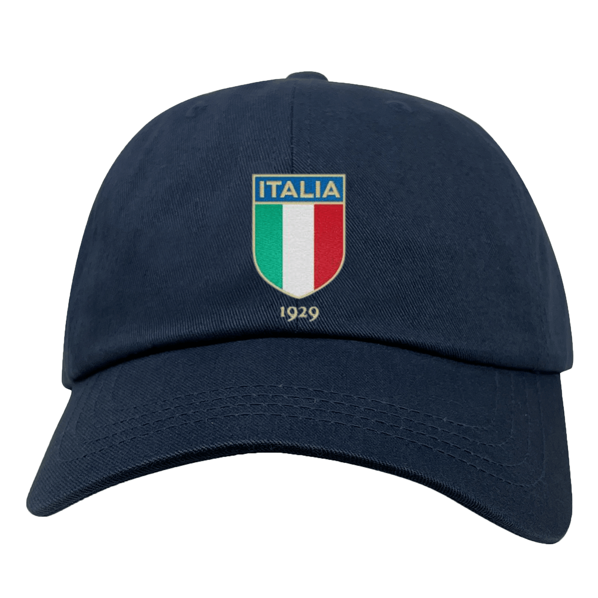 The Nations of Rugby Italy Vintage Dad Cap by EMB S&S Activewear is a navy blue cap featuring an embroidered Italia crest with Italian flag colors and "1929" below it in a vintage design on the front.