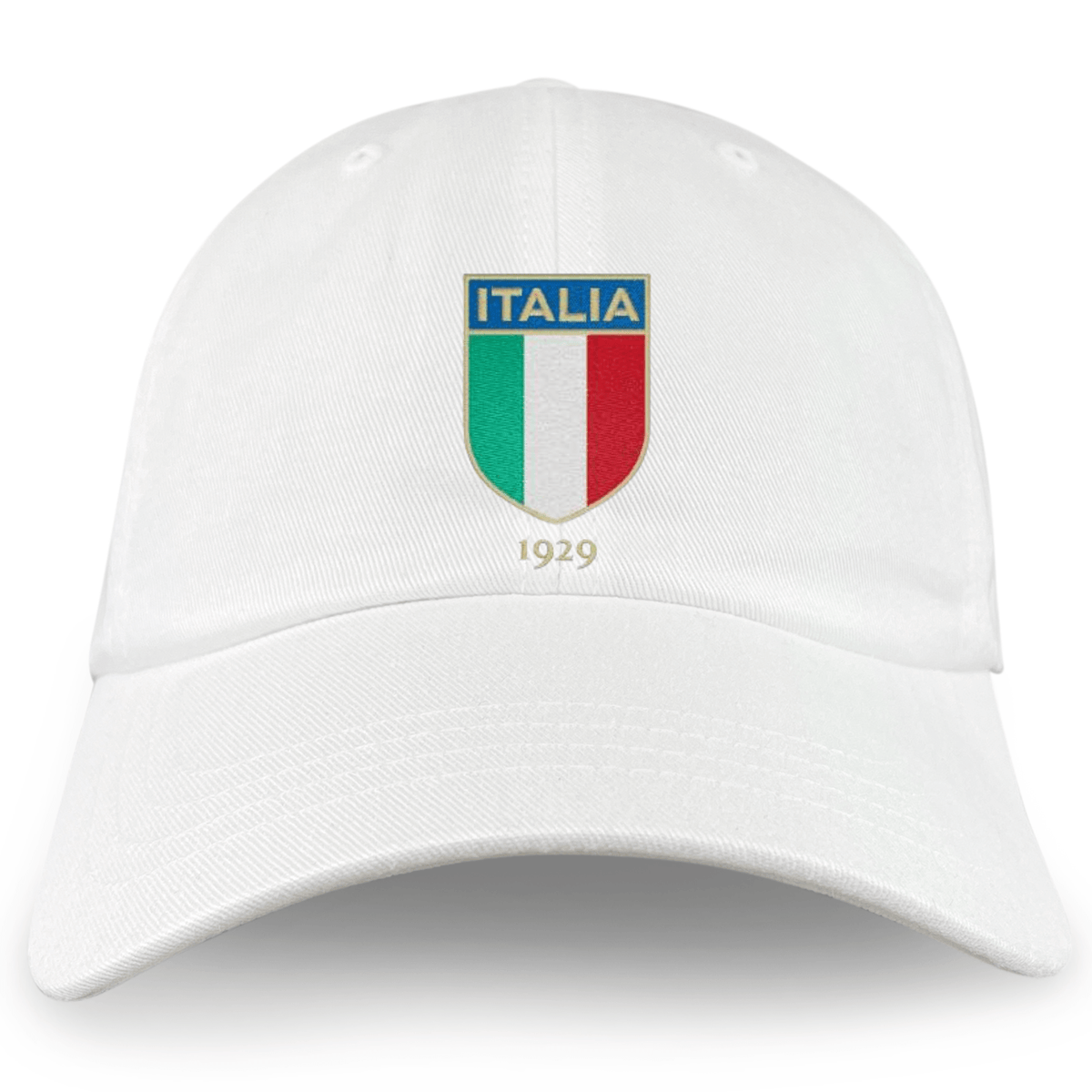 The EMB S&S Activewear Nations of Rugby Italy Vintage Dad Cap is a white cap featuring an embroidered "ITALIA" badge, the Italian flag, and "1929" on the front for a classic vintage look.