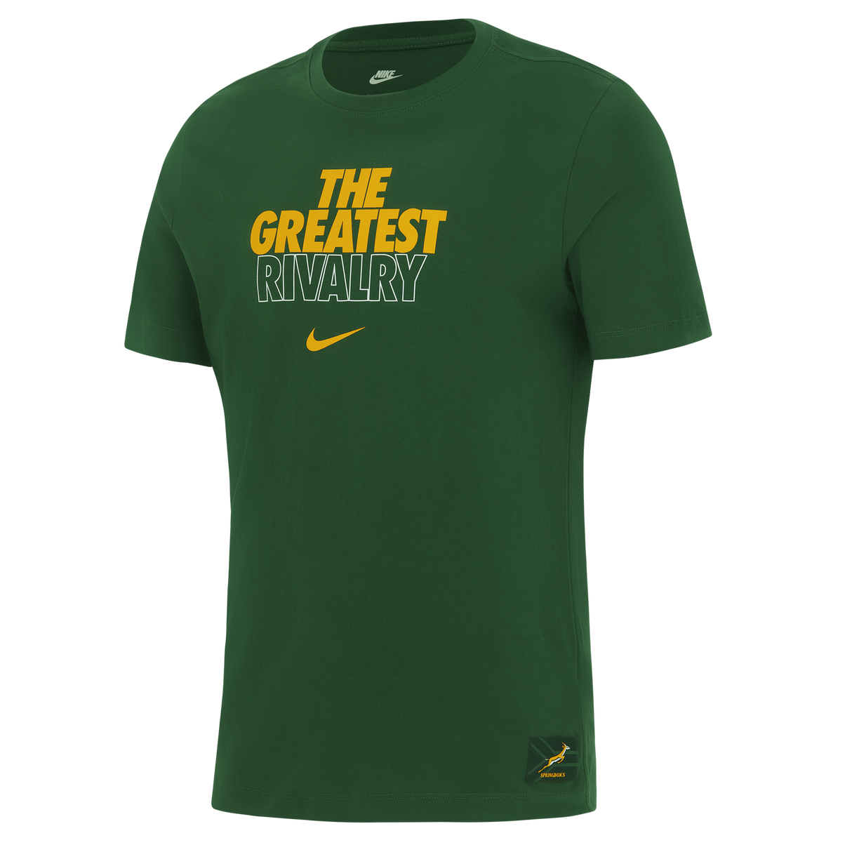 The Nike Springboks 26/27 Greatest Rivalry T-Shirt is a green tee showcasing “THE GREATEST RIVALRY” in bold yellow and white, a small yellow Nike swoosh, and a Springboks logo patch at the bottom right.