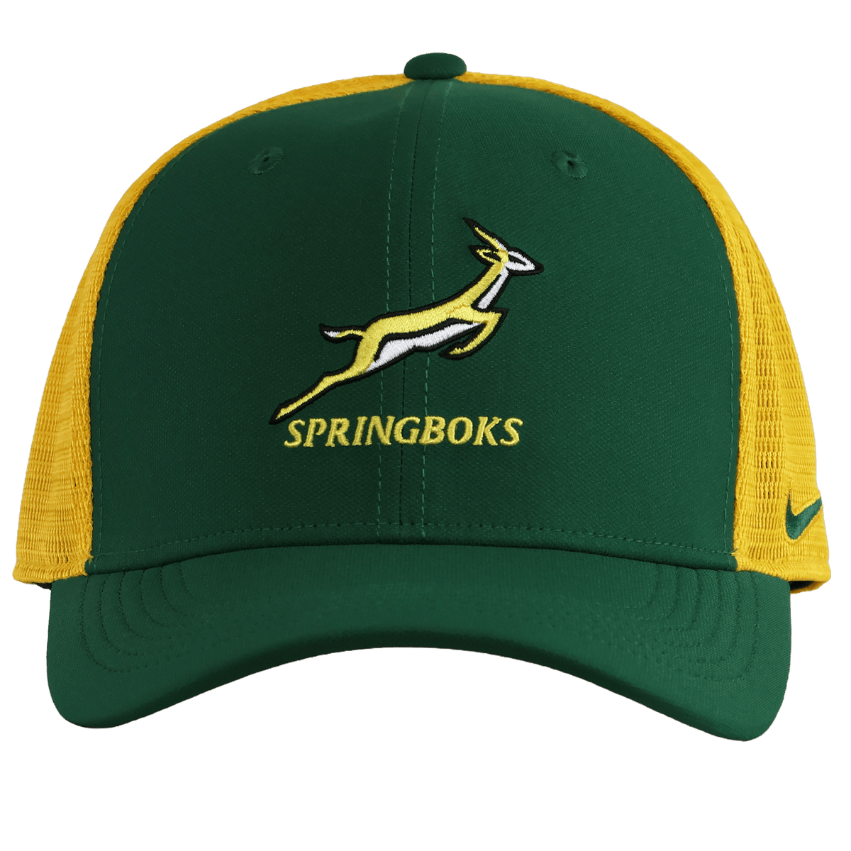 The Nike Springboks 26/27 Trucker Cap is green and yellow with mesh sides, featuring the Springboks logo and text on the front.